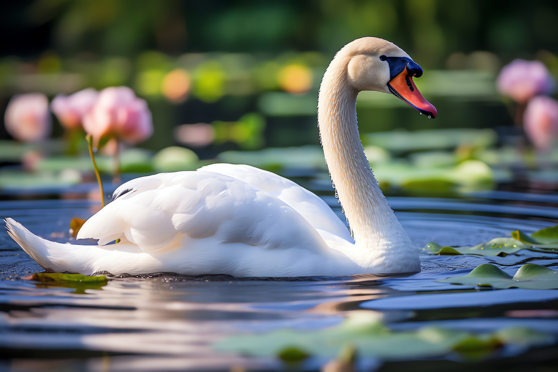 Swan aristocratic posture, Avian alabaster plumage, Neck slender elegance, Bird captivating gaze, Blue lakeside habitat, HD Desktop Wallpaper