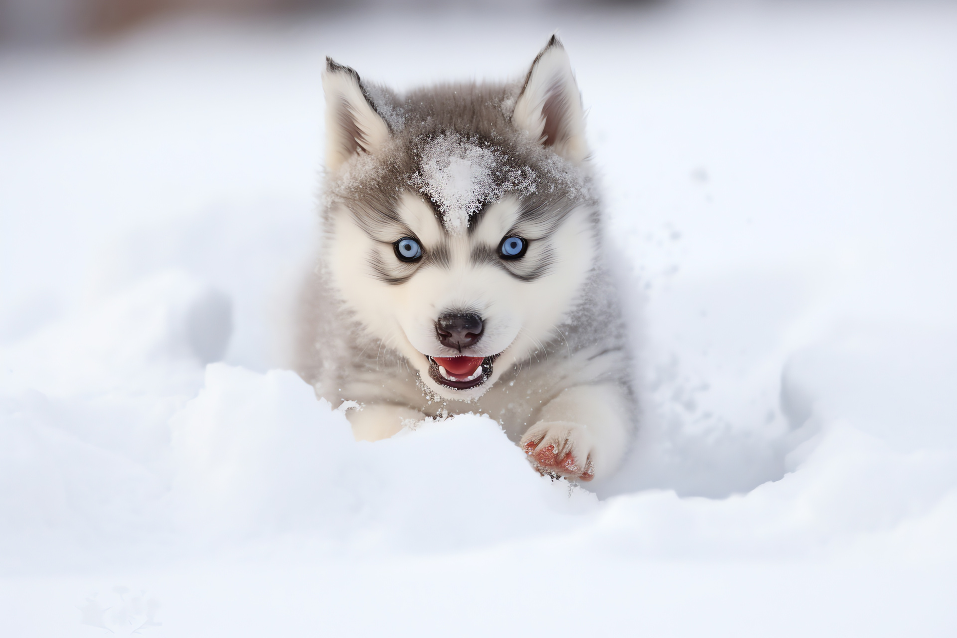 Siberian Husky puppy, chilly climate, double-layered canine, winter animal, snowy scene, HD Desktop Image