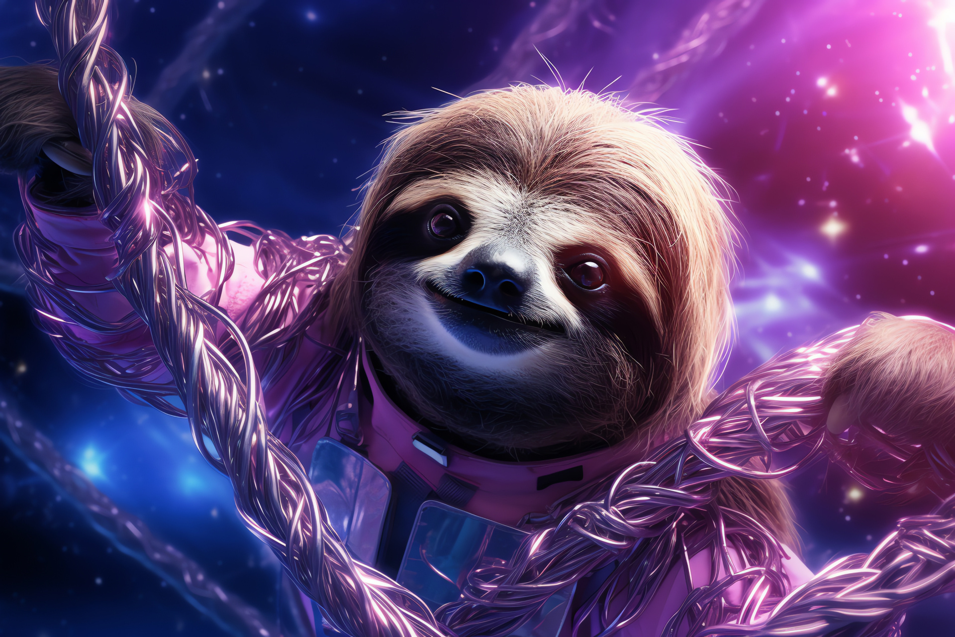 Sloth in Astronaut suit, Branch-suspended mammal, Long fur space explorer, Pale indigo backdrop, Glowing cosmic environment, HD Desktop Image