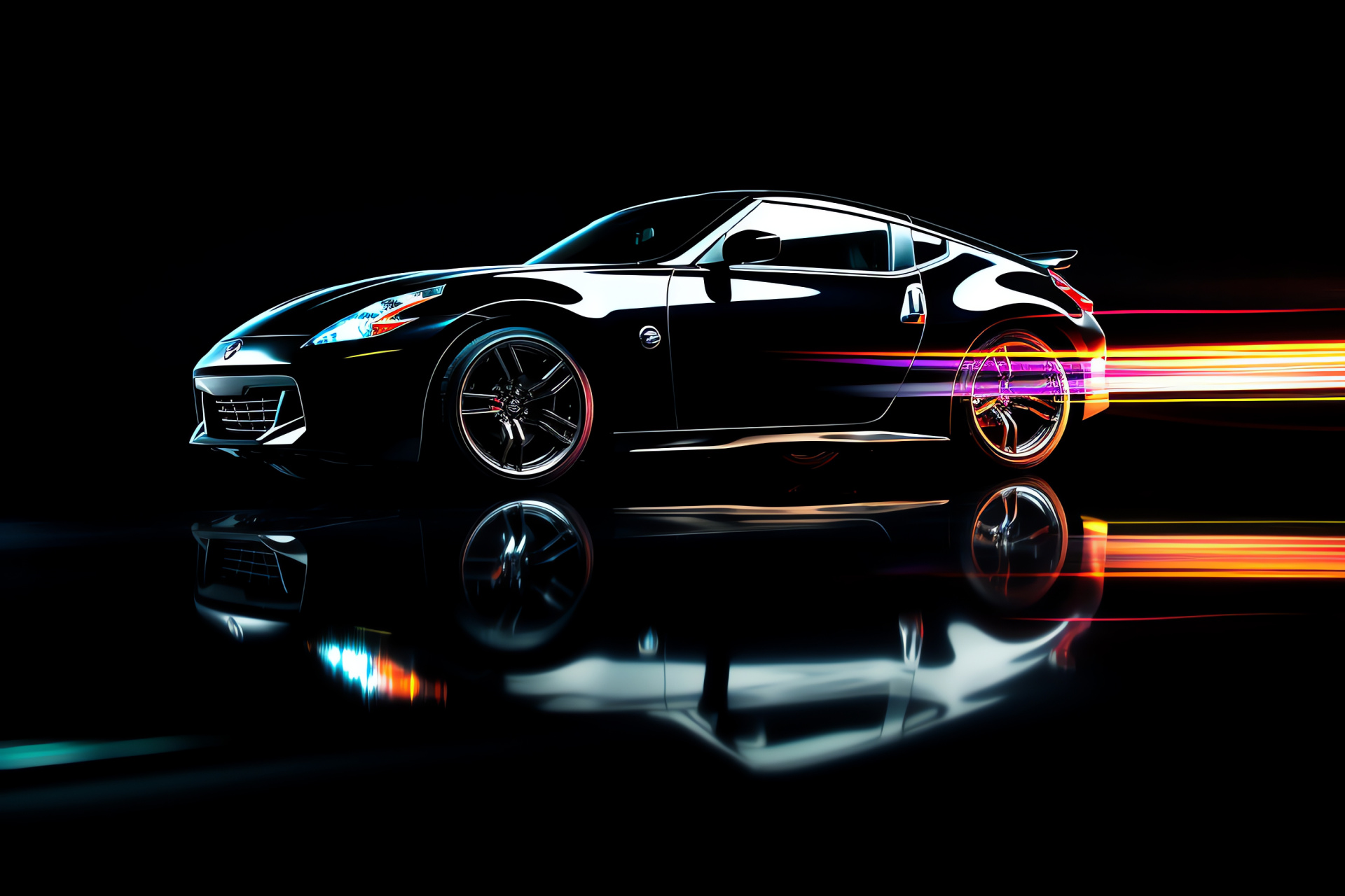 Nissan 370Z top angle, Black background dominance, Three-tone gloss, Automotive glow line, Coupe curves, HD Desktop Image