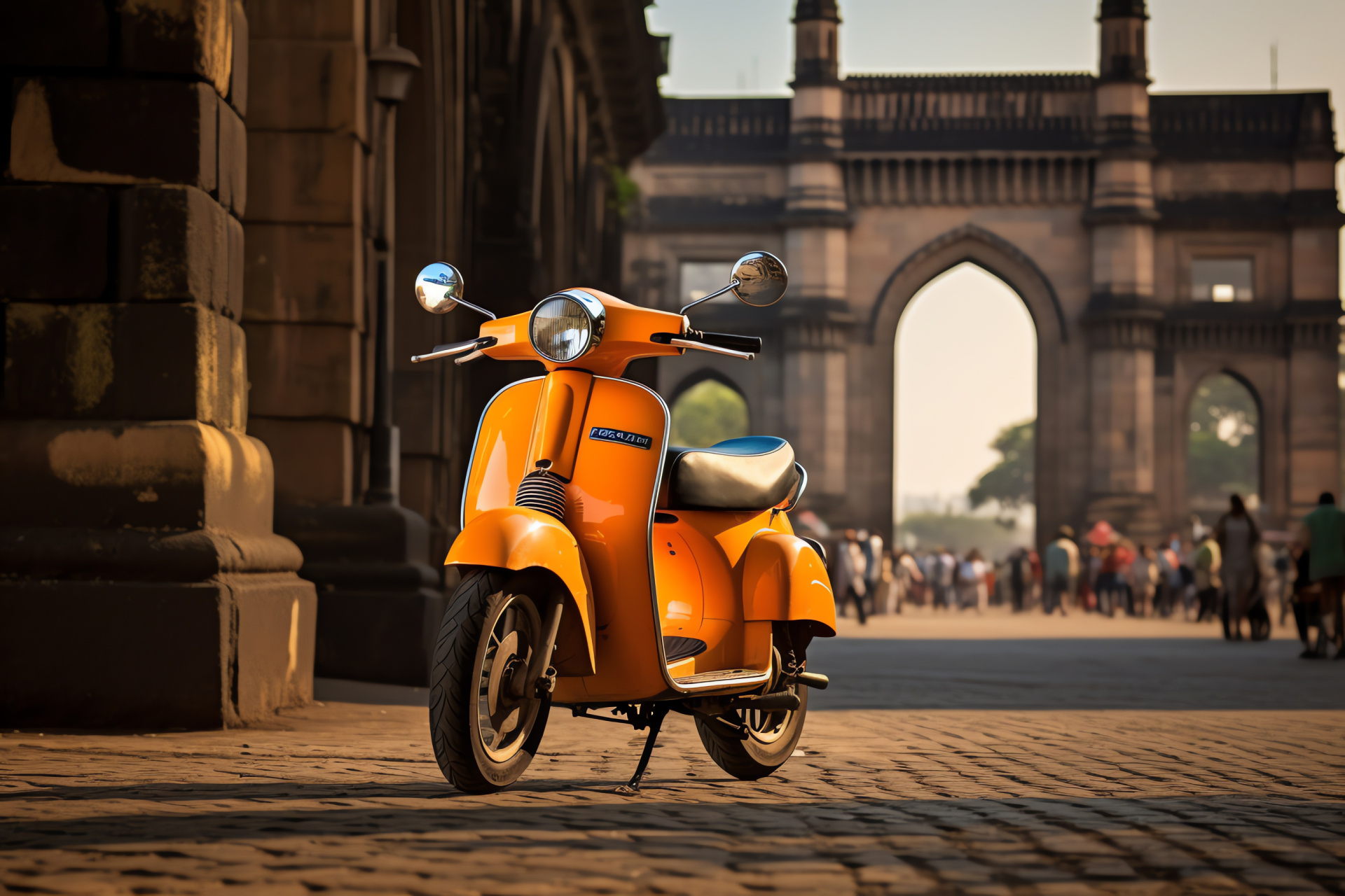 Vespa VXL 150, Mumbai streets scooter, Vespa amid Indian culture, Gateway India background, Urban Vespa ride, HD Desktop Image