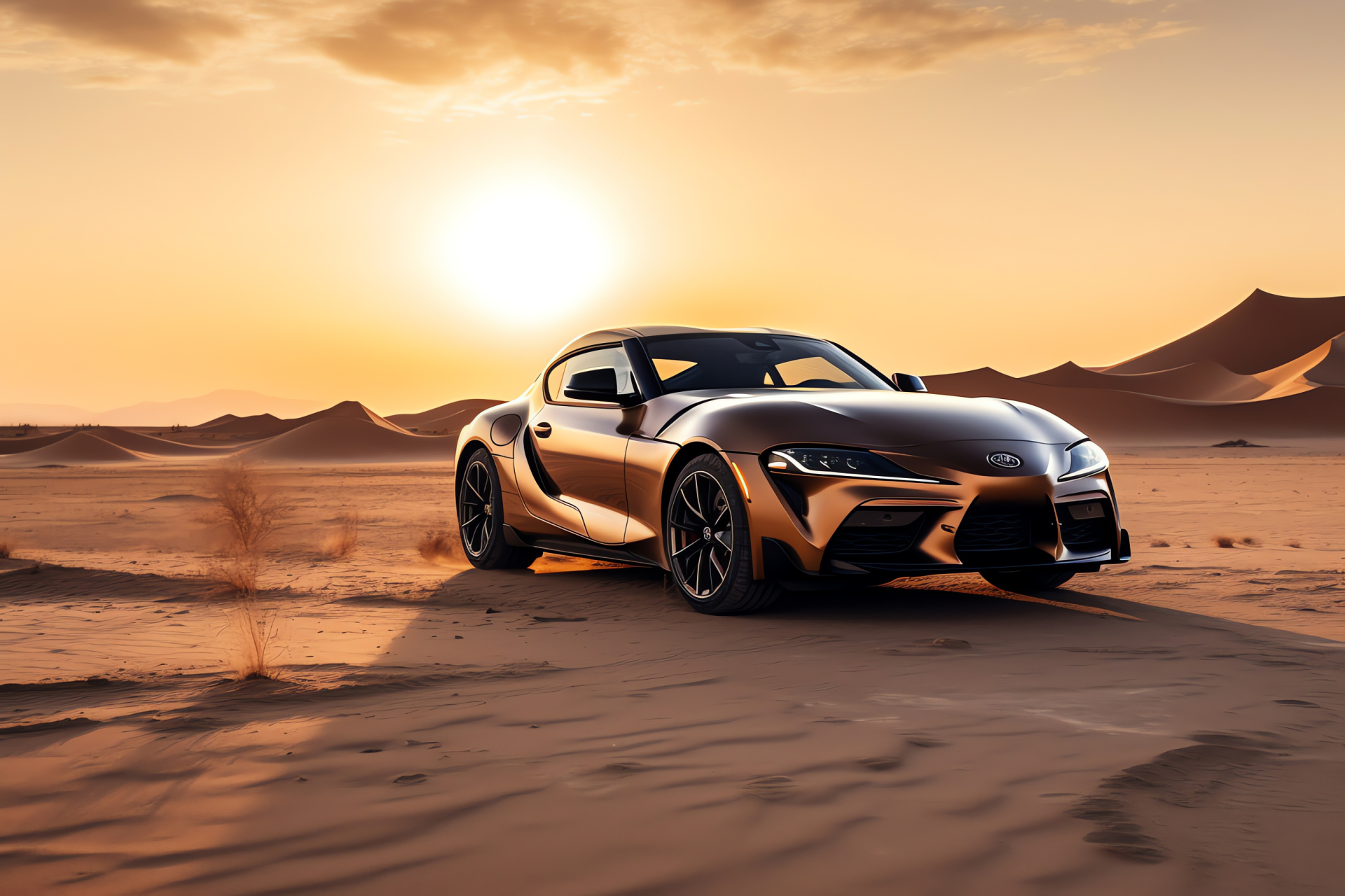 Supra in wilderness, Sand challenges, Sports car beauty, Desert exploration, Evening glow, HD Desktop Wallpaper