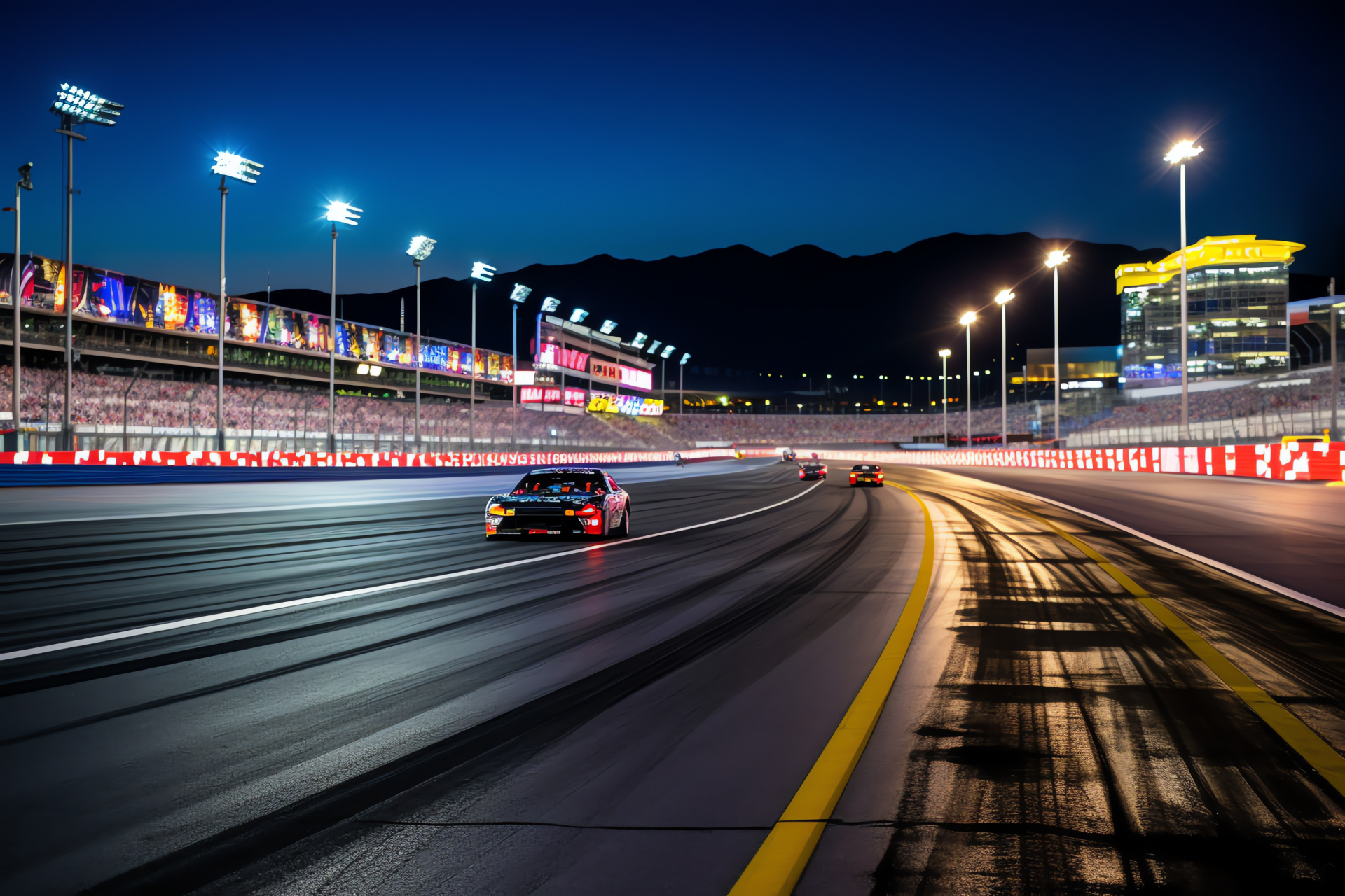 Exciting NASCAR Vegas Speedway, fast-paced autos, neon-light grandeur, lively venue, entertainment sphere, HD Desktop Wallpaper