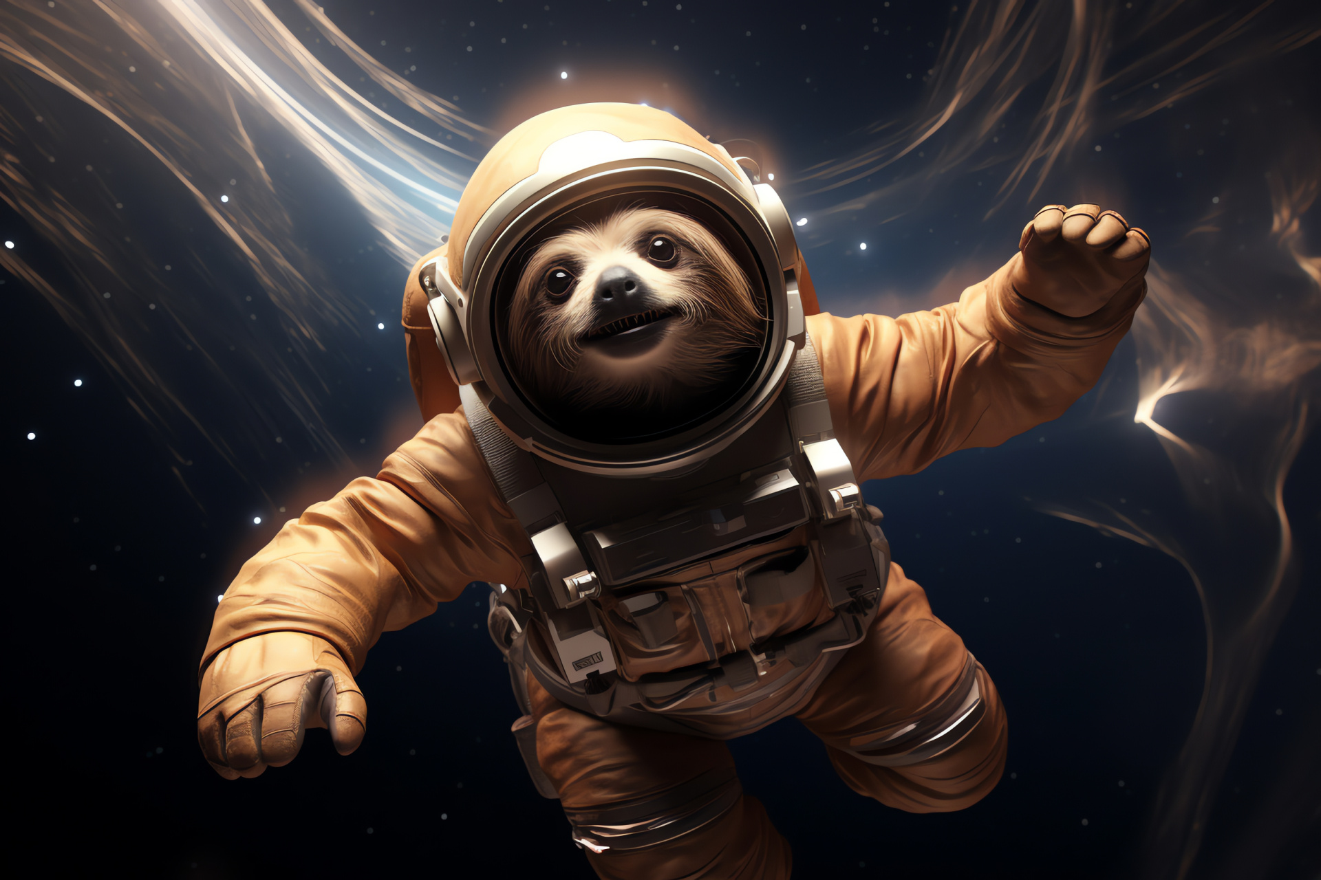 Astrological tree-hanging mammal, celestial exploration theme, space suit accents, astral light effects, HD Desktop Image