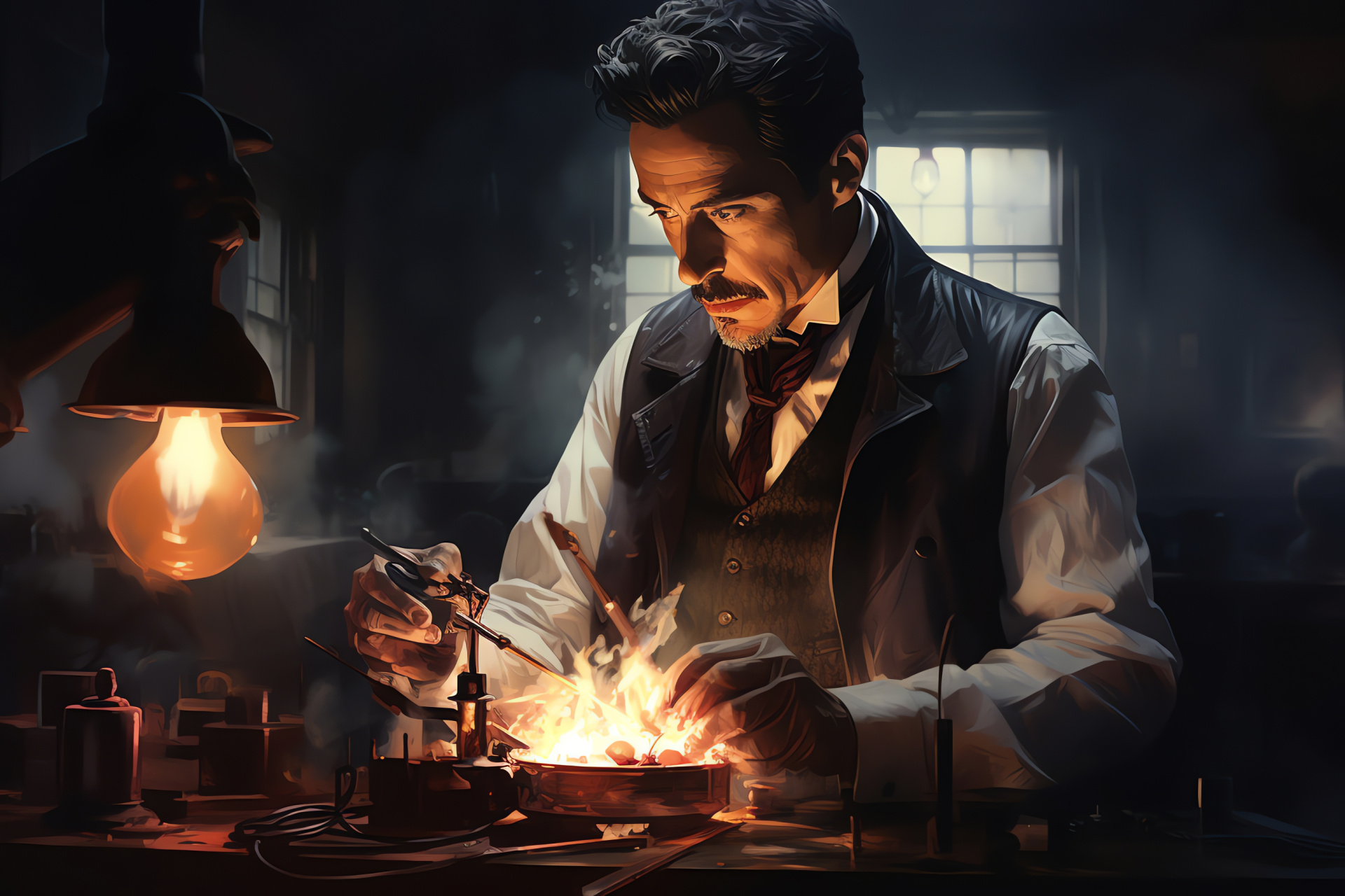 Actor Robert Downey Jr., Detective Holmes, Victorian lab scene, complex experiments, gloved detective work, HD Desktop Image