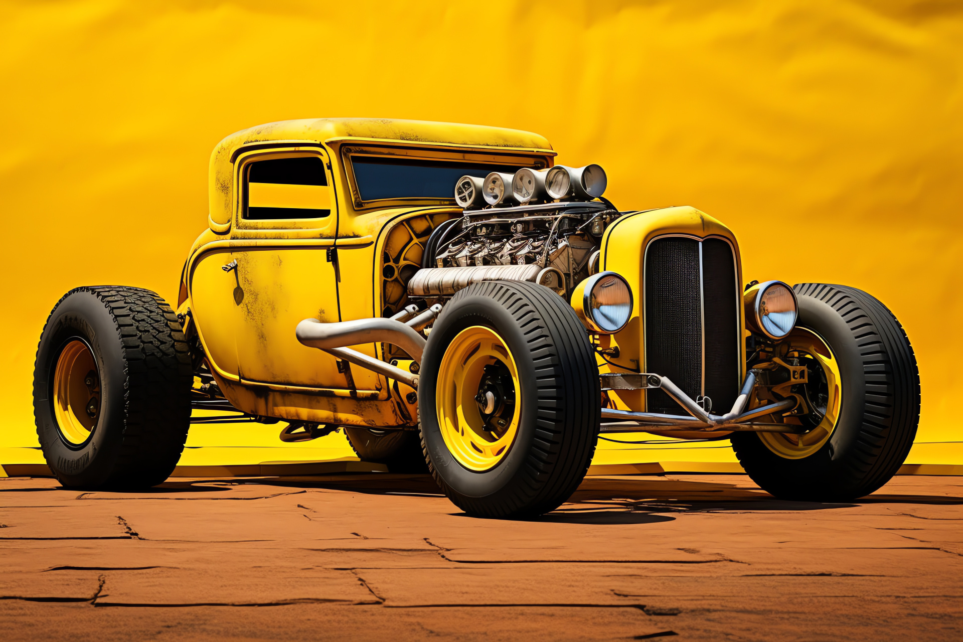 Rat Rod showpiece, Golden Fury name, Sun-like hue, Monochromatic background, Custom automotive creation, HD Desktop Image