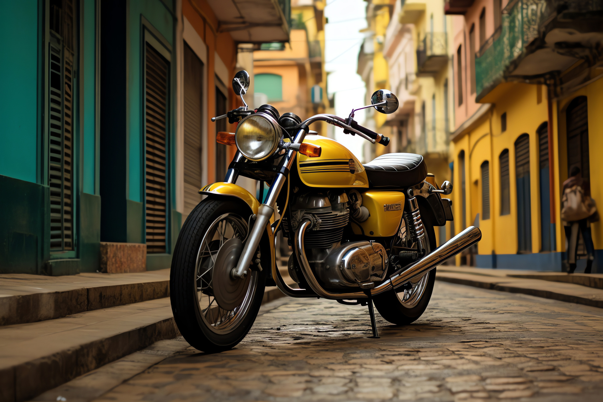 Honda CB550 vintage bike, Rio de Janeiro backdrop, Bright yellow motorcycle, Brazilian vibrant scene, HD Desktop Image