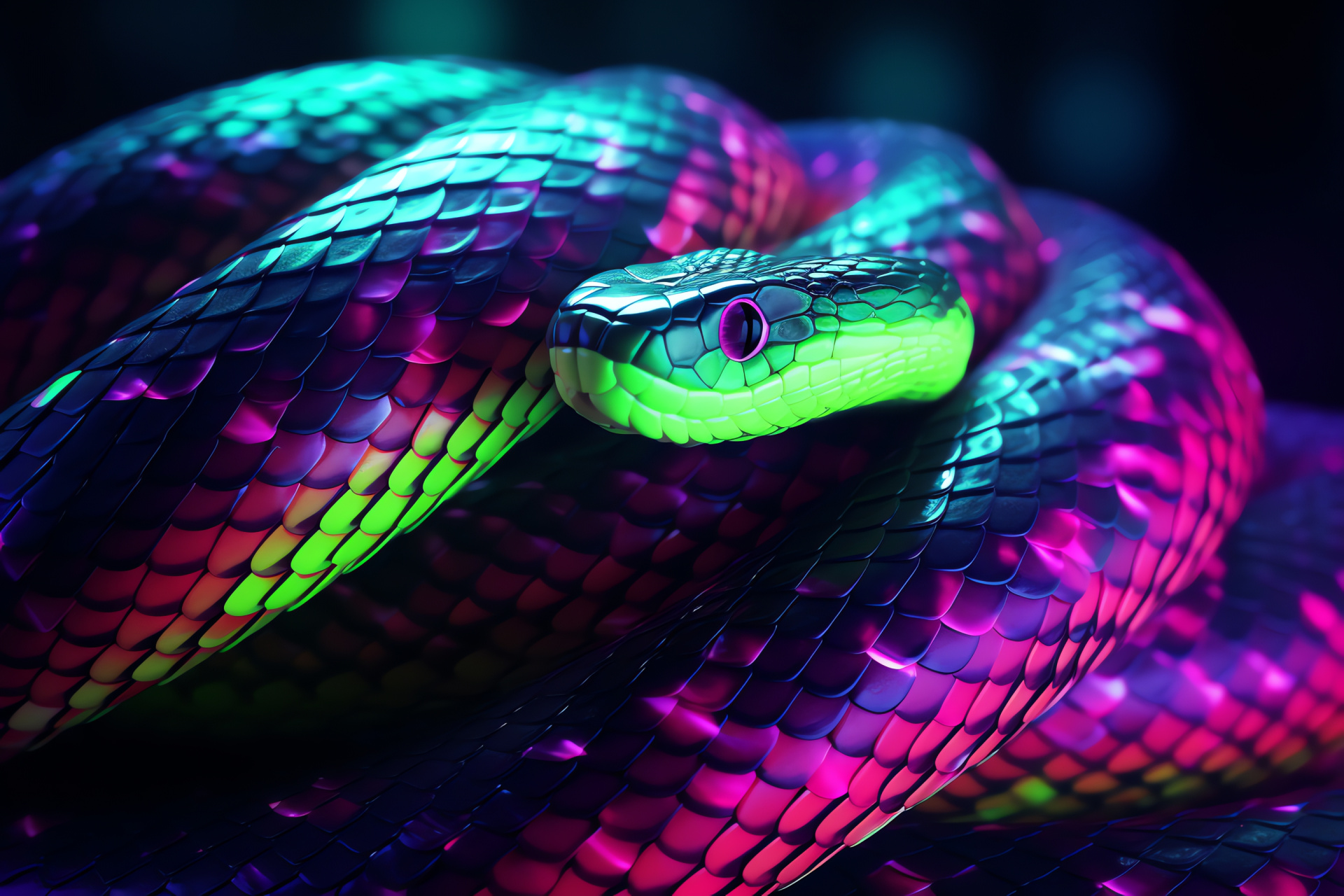 Neon Snake, Radiant green texture, Serpentine progress, Artistic tri-color environment, Neon luminescence, HD Desktop Wallpaper