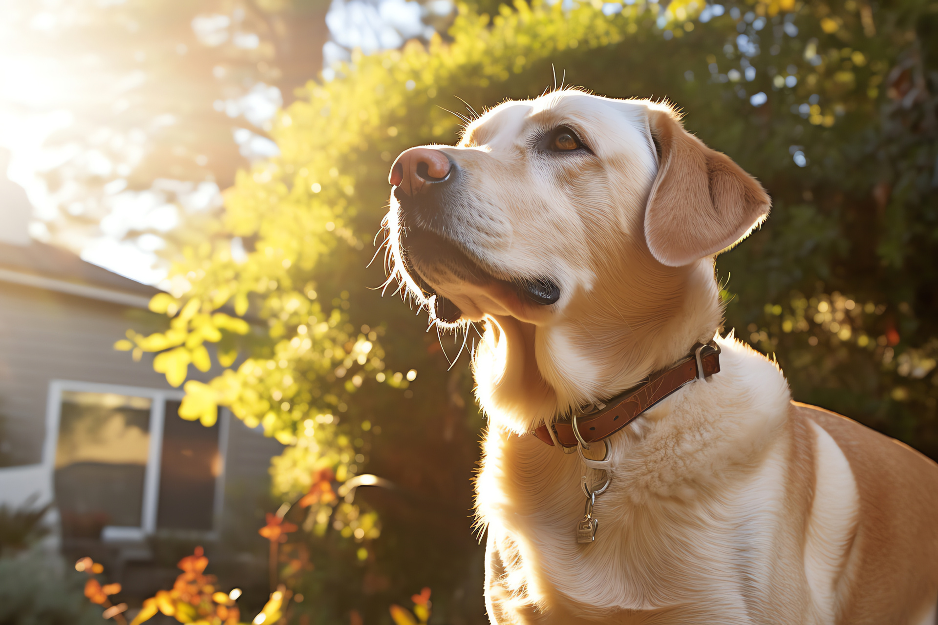 Yellow Labrador Retriever, Canine companion, Pet loyalty, Suburban fauna, Sunlit fur, HD Desktop Wallpaper