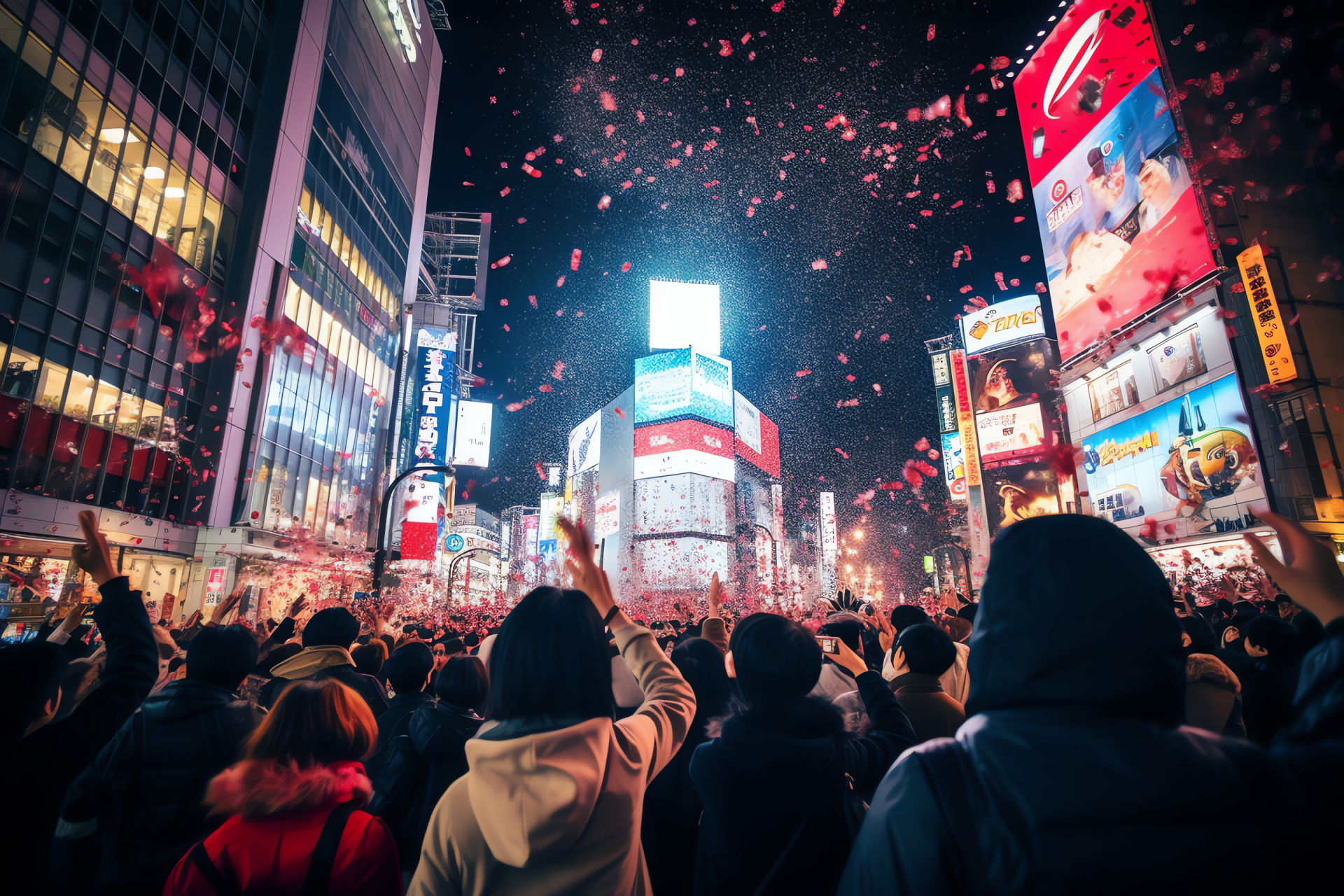 Tokyo New Year's Eve, Shibuya vibrancy, metropolitan festivities, Japanese celebration, urban spectacle, HD Desktop Wallpaper