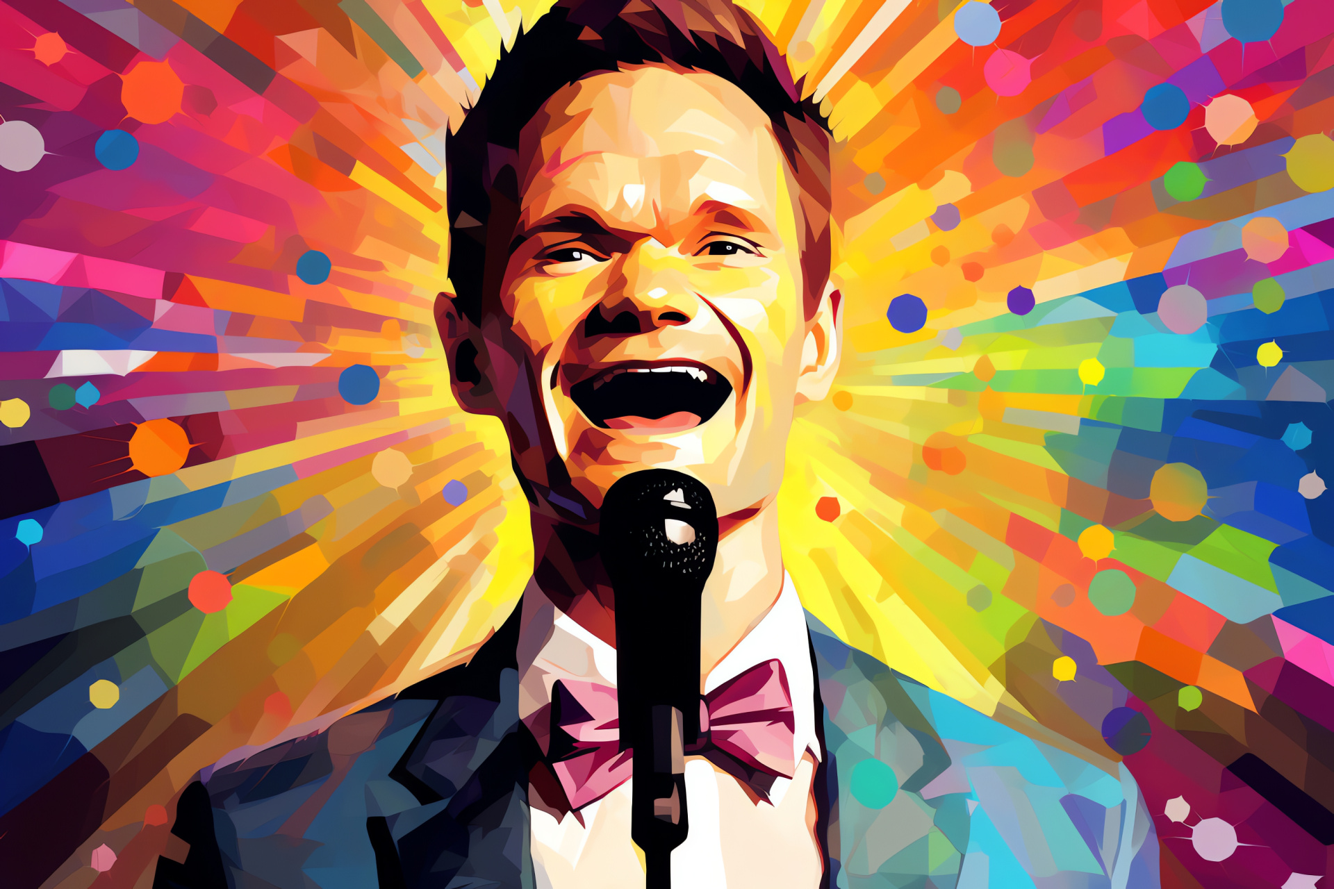 Neil Patrick Harris presence, Artful geometric setting, Actor's green gaze, Singing prop, Cheery facial gesture, HD Desktop Image