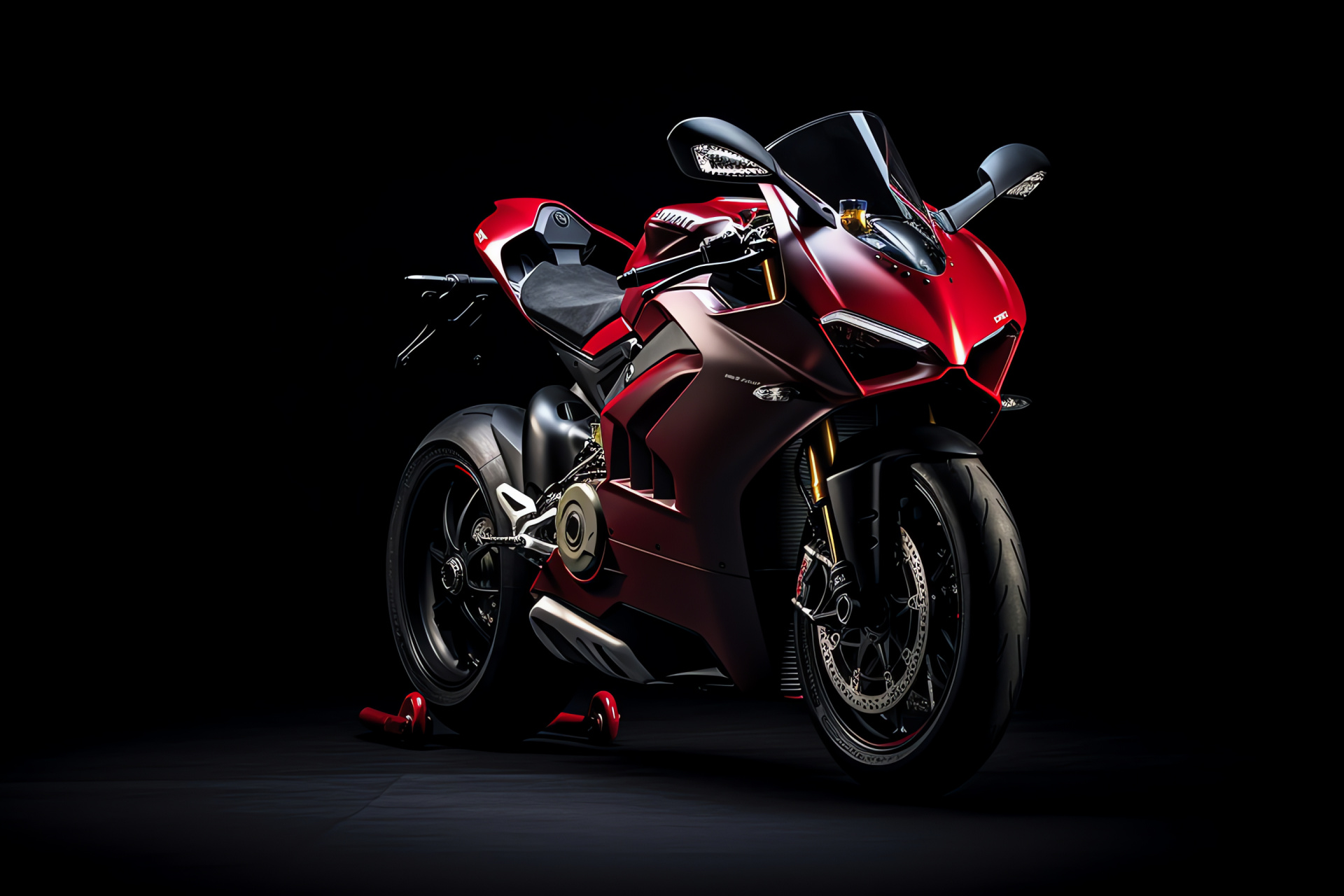 Street Bike, Ducati Panigale V4, Overhead view, Glossy red appearance, Ink black canvas, HD Desktop Image