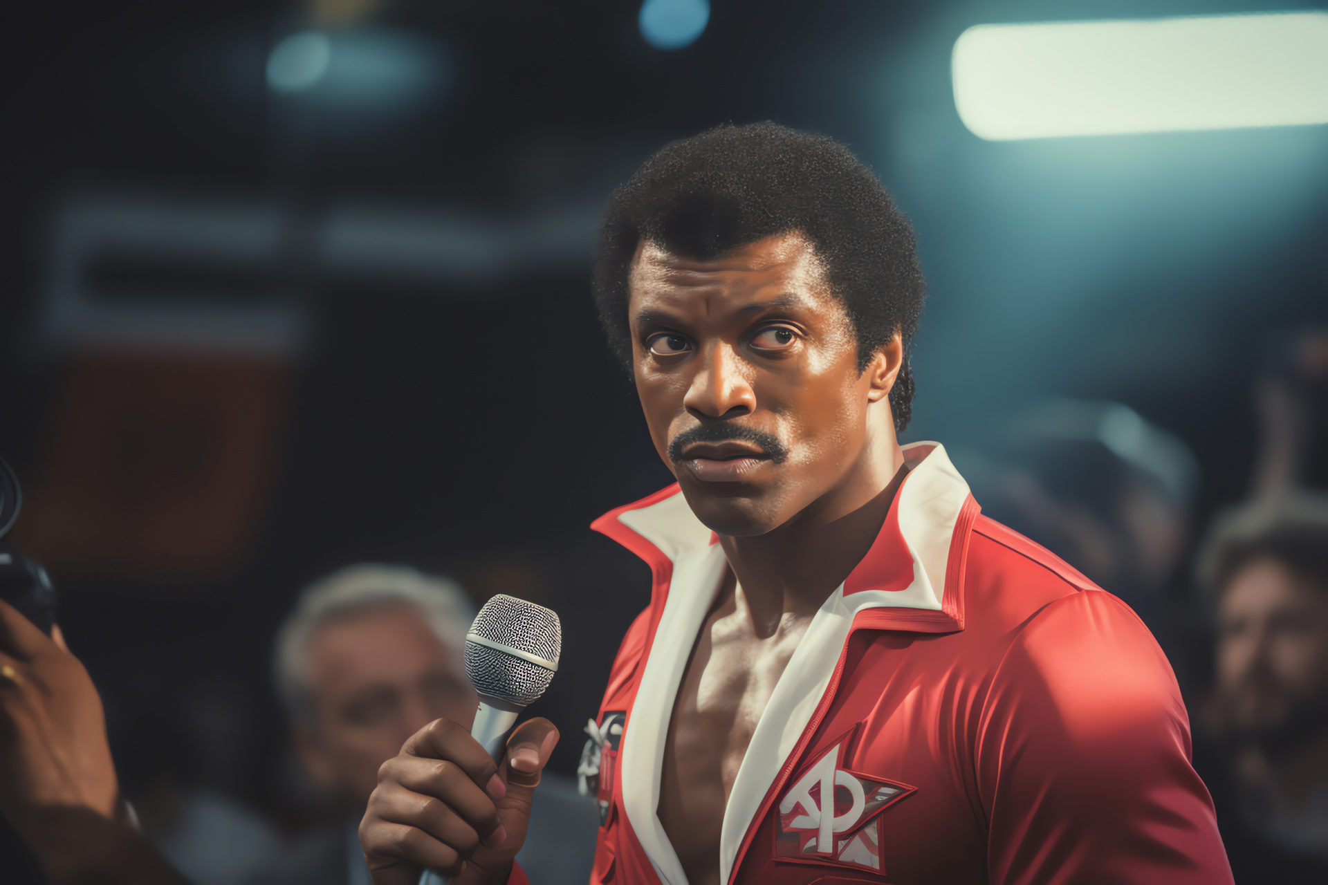 Rocky IV film, Apollo Creed publicity, Adversary Ivan Drago, Media event, Cinematic tension, HD Desktop Image