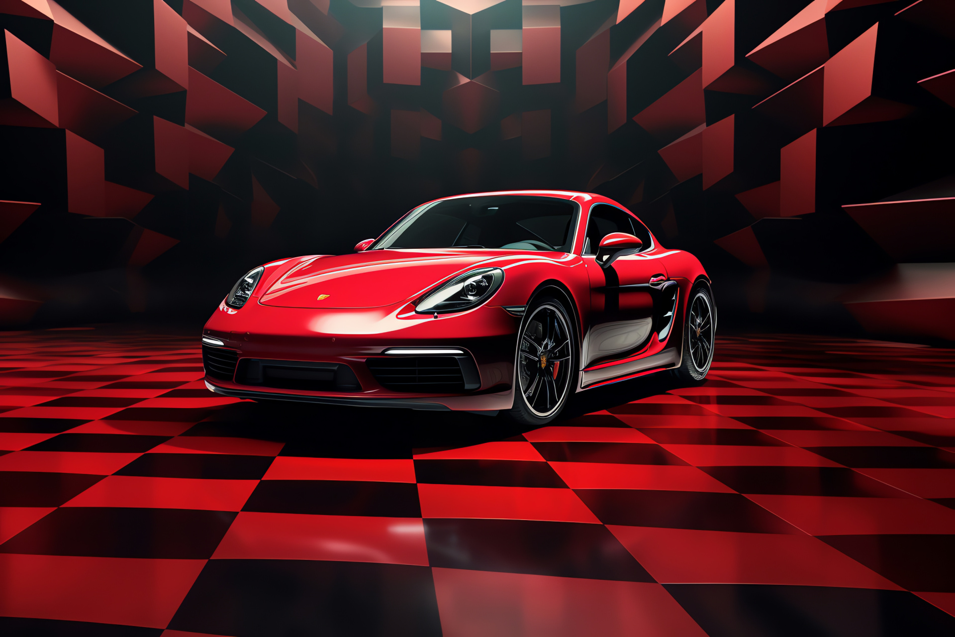 Porsche Cayman 718, Broad impression, Contrast of black and red, Contemporary design, Geometric aesthetic, HD Desktop Image