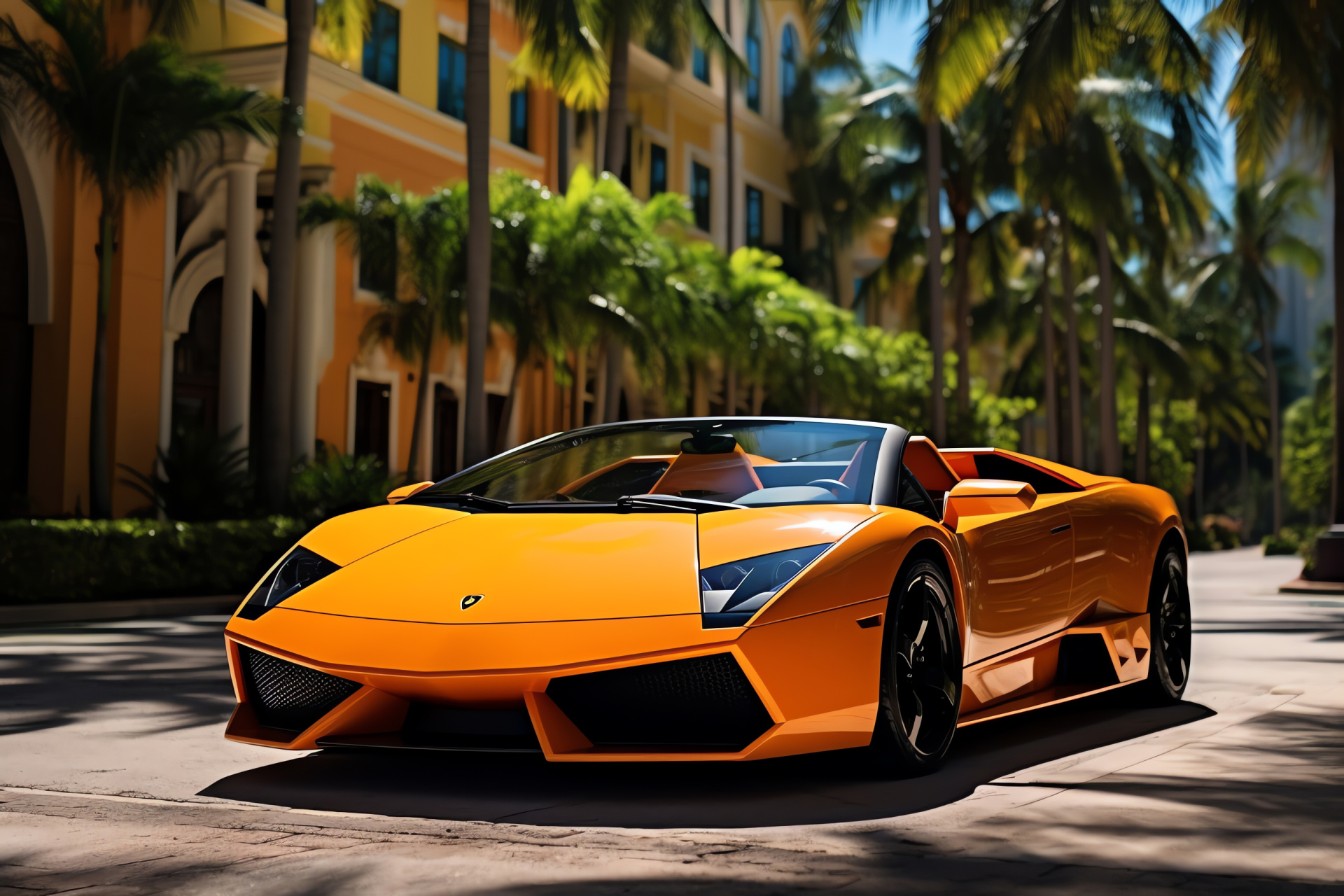 Murcielago LP670-4 SuperVeloce, Miami backdrop, eye-catching convertible model, luxury automobile, Italian design, HD Desktop Image