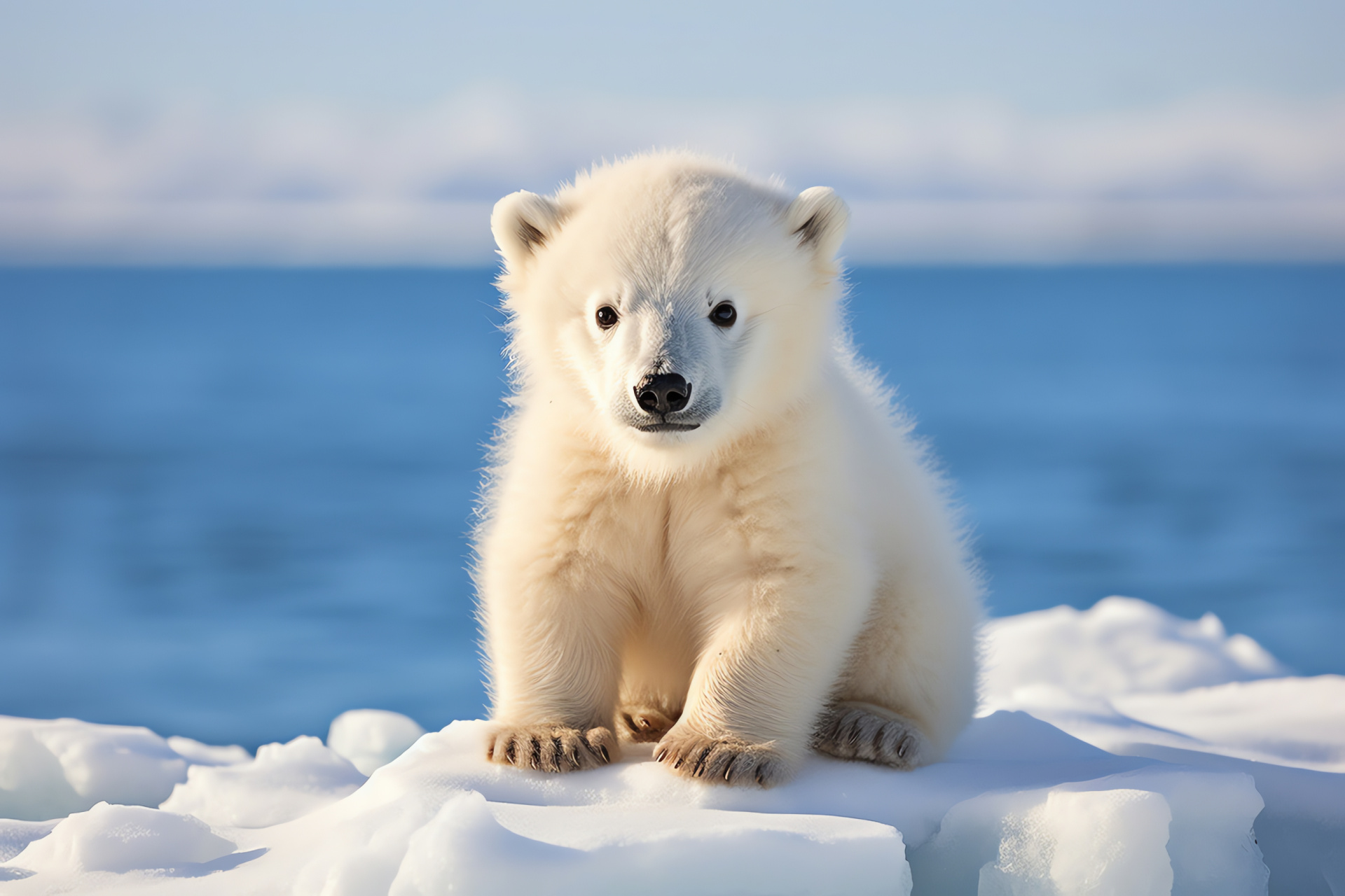 Infant polar bear, Arctic offspring, Ice cap ecosystem, Icy sea, Young marine mammal, HD Desktop Wallpaper