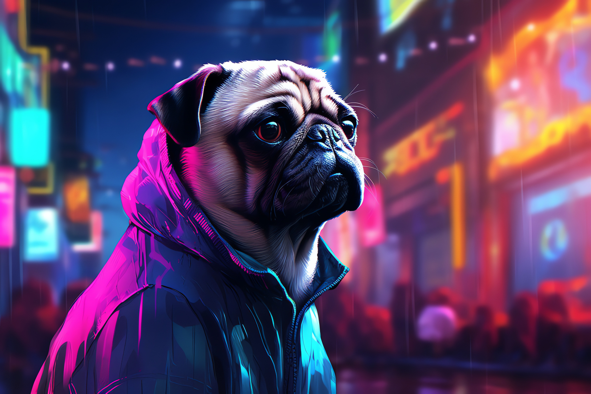 Curious face, Little silver dog, Neon shimmer, City life, Urban animal, HD Desktop Wallpaper