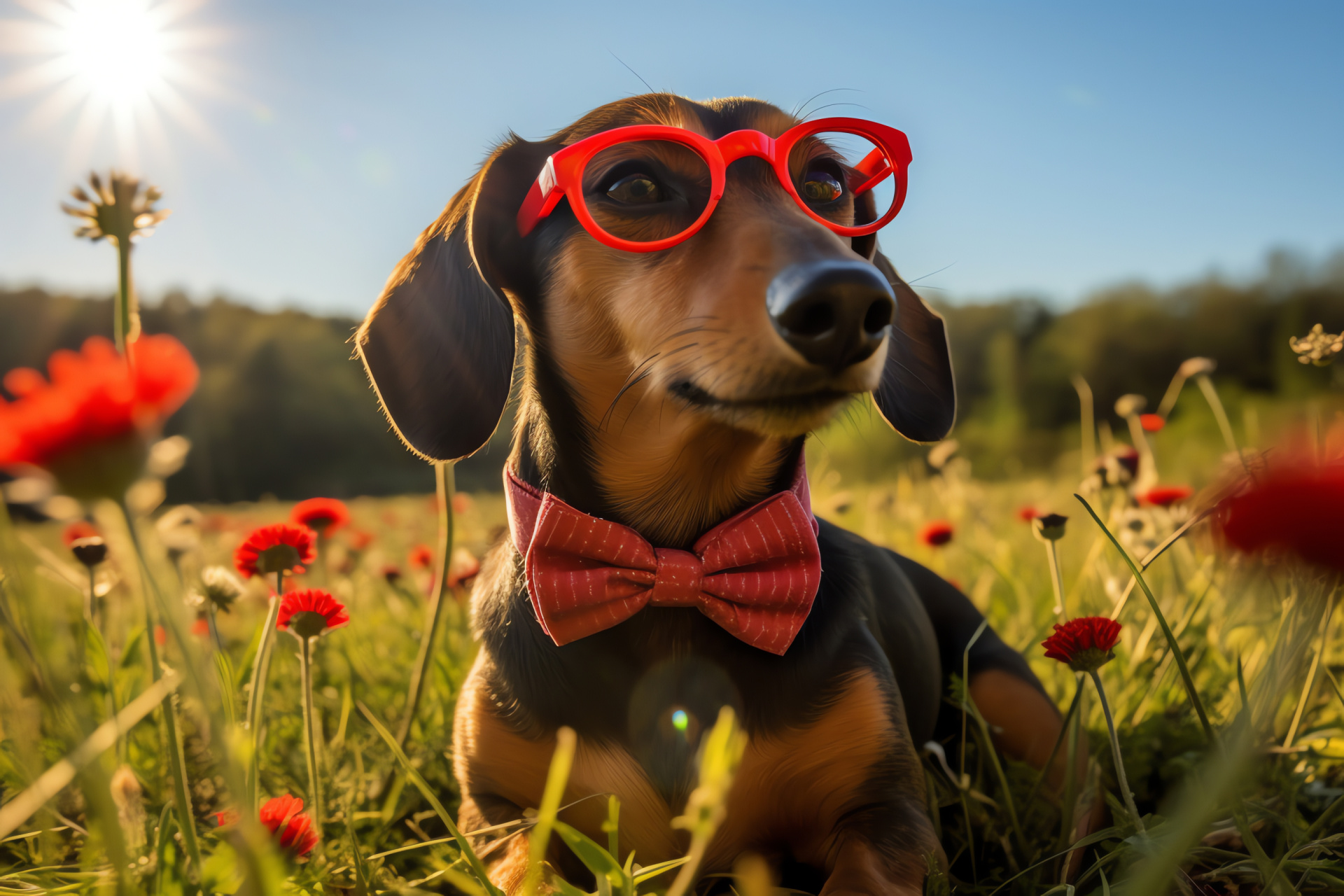 Canine merriment, ocular heart shades, necktie, botanical setting, self-assured pose, HD Desktop Wallpaper