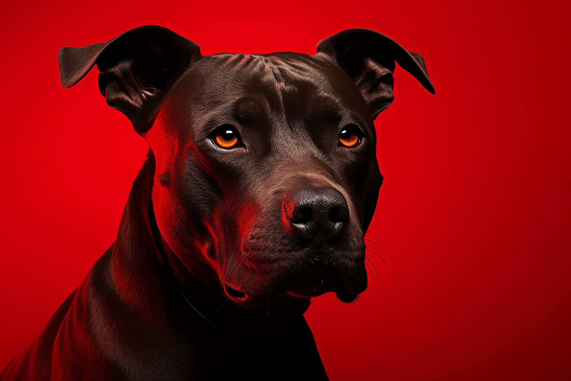 Stalwart Pitbull Terrier, Muscular dog breed, Brindle patterned, Dark backdrop, Red-toned setting, HD Desktop Image