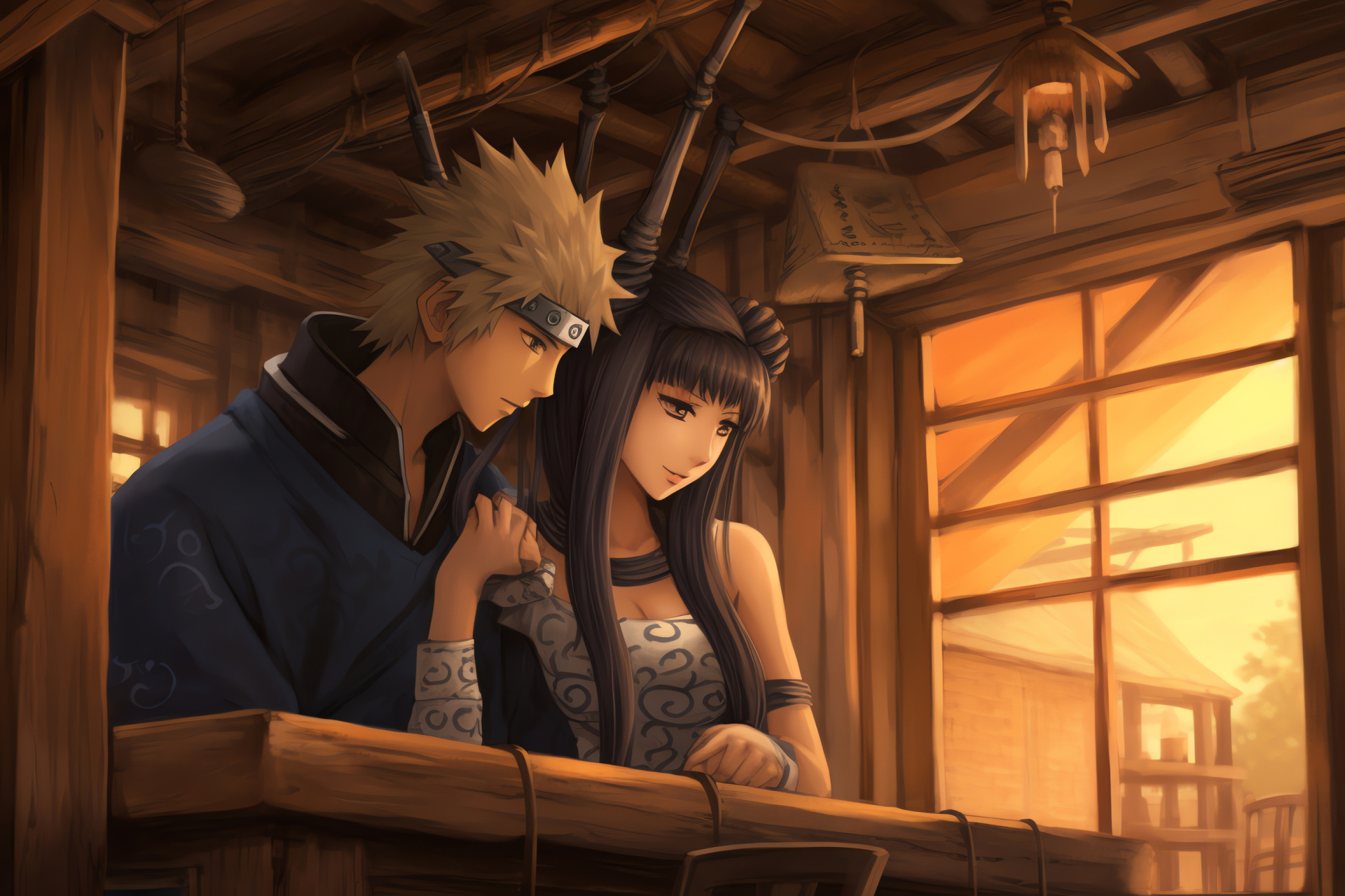 Naruto Uzumaki, Hinata Hyuga, serene facial expression, traditional tea room, Japanese architectural detail, HD Desktop Wallpaper