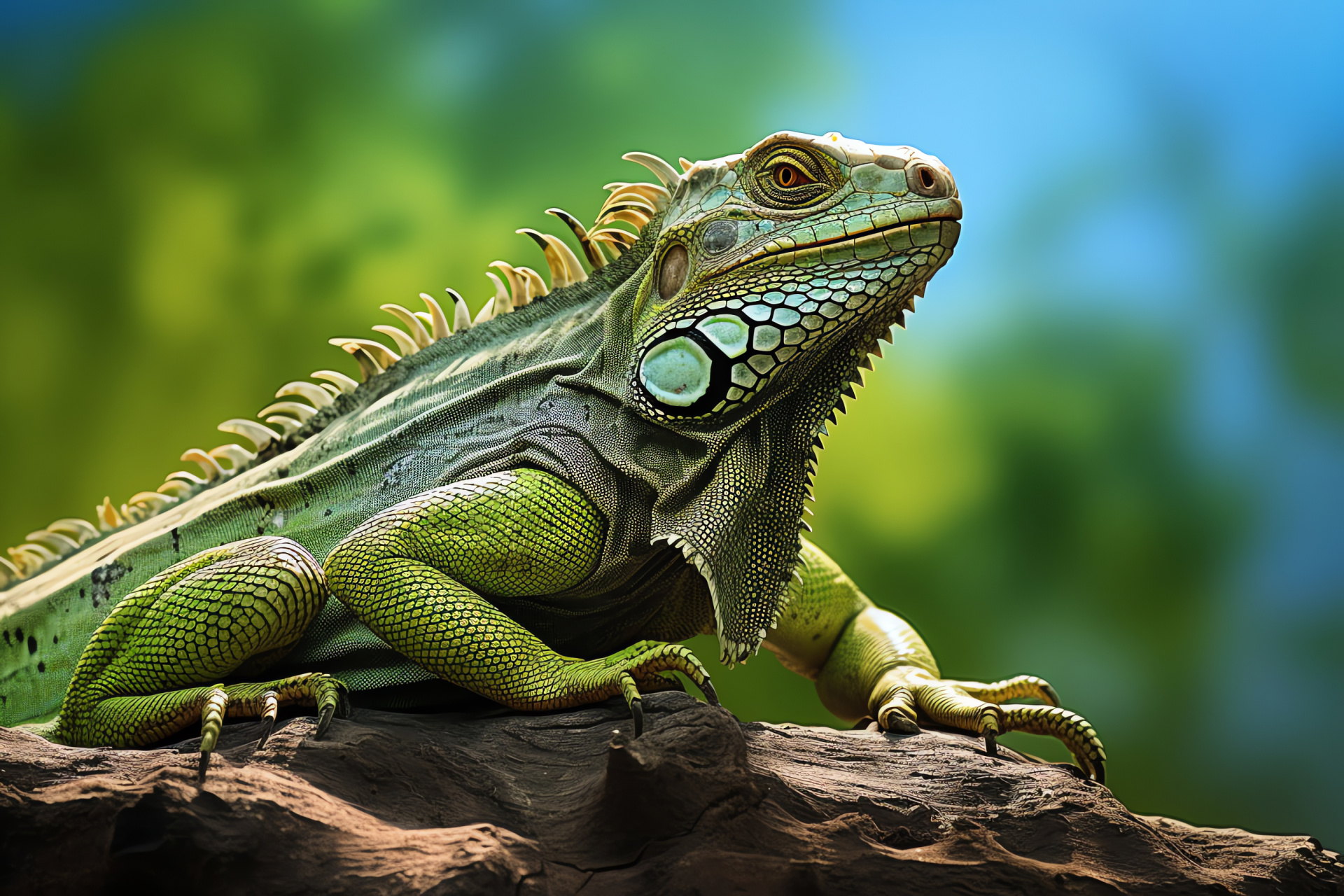 Iguana, reptile basking light, gradient backdrop effect, lizard vibrant hues, reptilian green blue scales, HD Desktop Image