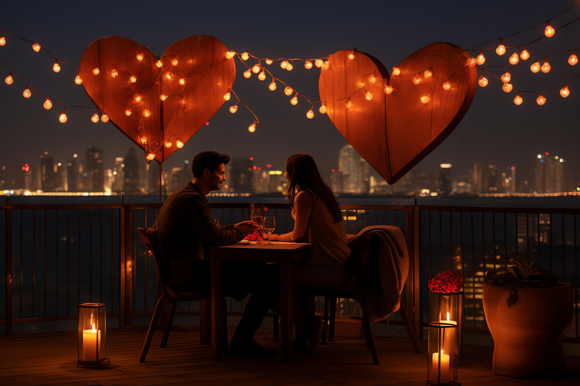 Romantic Valentine setting, Urban skyline, Love-themed celebration, Twinkling lights, Rooftop romance, HD Desktop Wallpaper