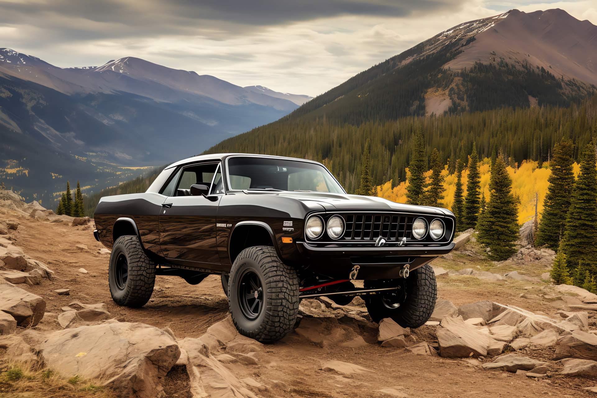 Plymouth Barracuda, mountainous terrain, black finish, rugged wheels, adventure trail, HD Desktop Wallpaper