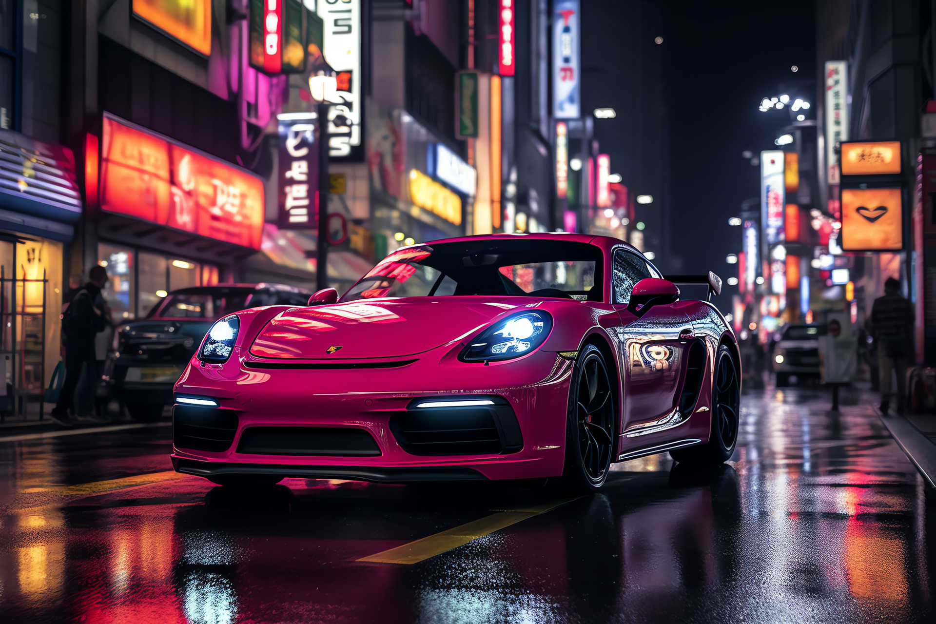 Porsche 718 Cayman GTS, Tokyo streets, Compact sports vehicle, Shibuya district, Neon illumination, HD Desktop Image