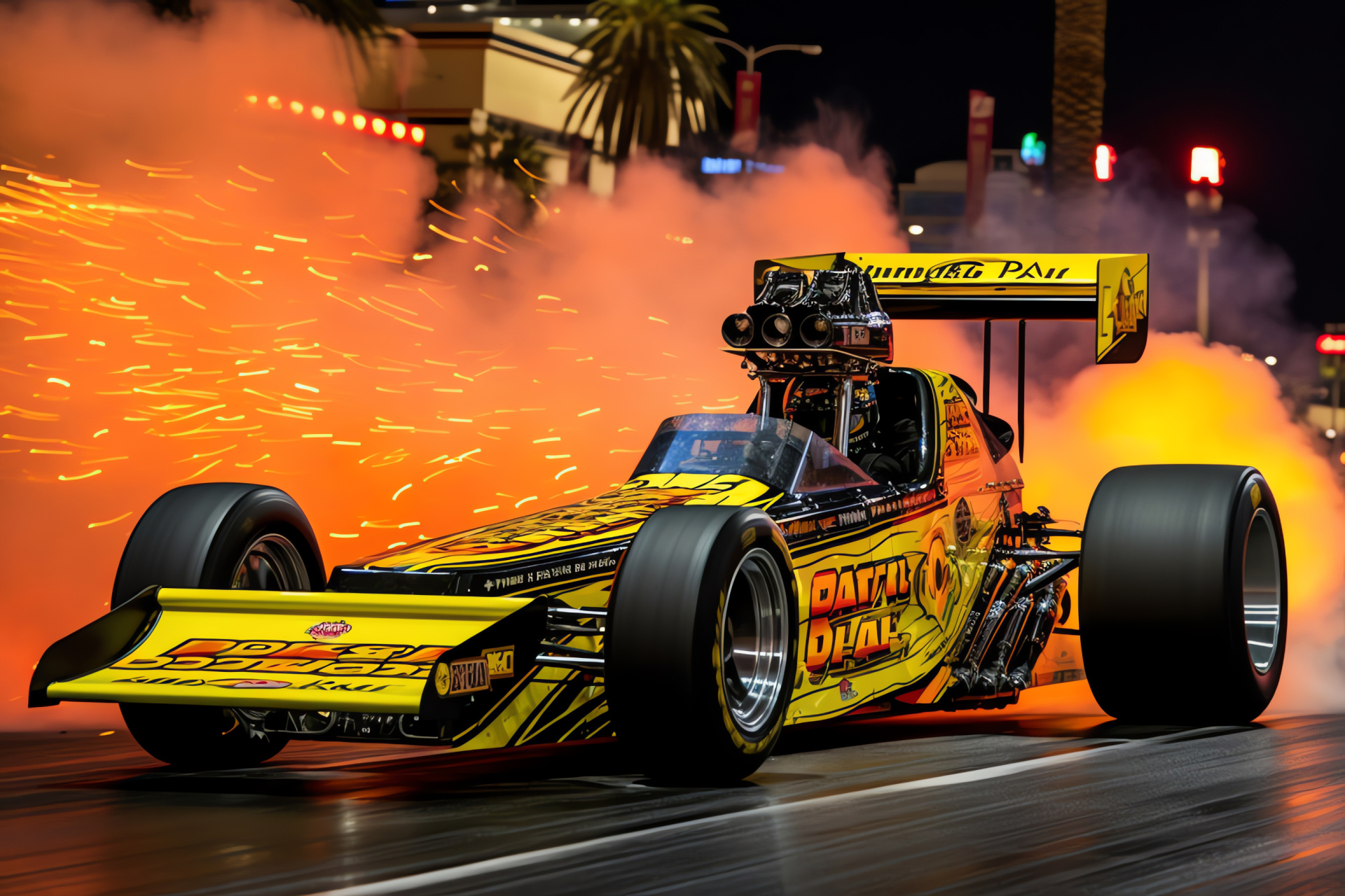 Las Vegas drag race, Top Alcohol Dragster, NHRA excitement, Smoke-filled speed, Neon-painted racer, HD Desktop Wallpaper