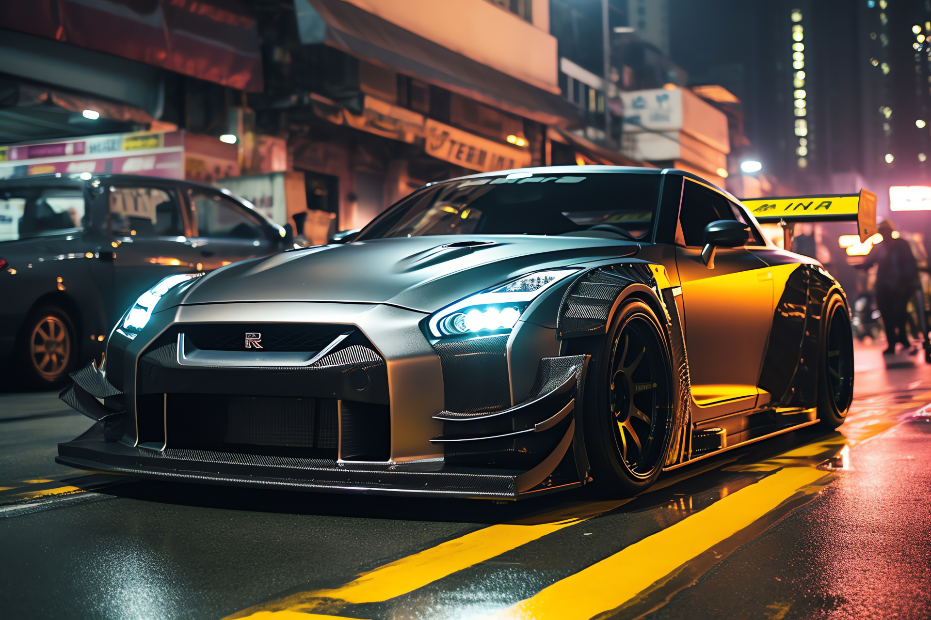 Nissan GTR Liberty Walk Hong Kong nights, Striking car visuals, Modified auto bodywork, Urban light display, Unique vehicle wrap design, HD Desktop Wallpaper