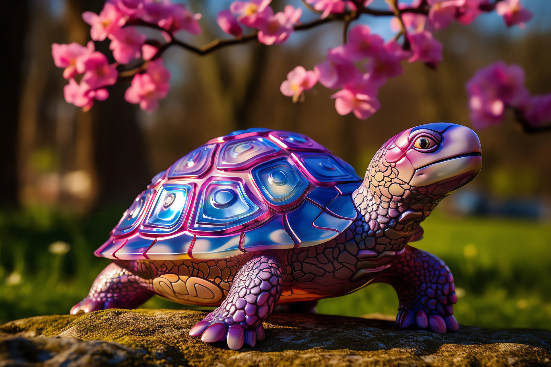 Radiant turtle, Colorful carapace, Pink hues, Purple shades, Marine reptile, HD Desktop Image