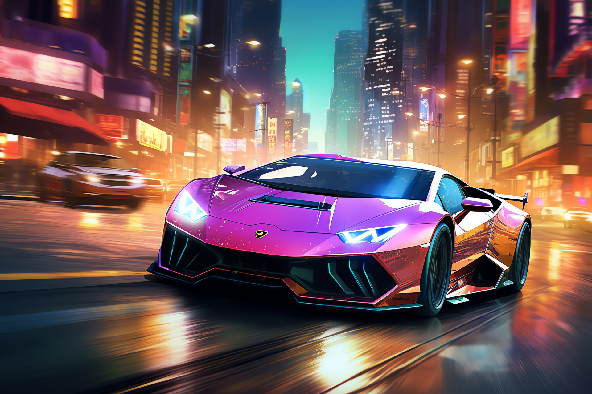 Murcielago cyber aesthetic, Neon urban setting, Digital art revolution, City street creations, Night-time luminescence, HD Desktop Wallpaper