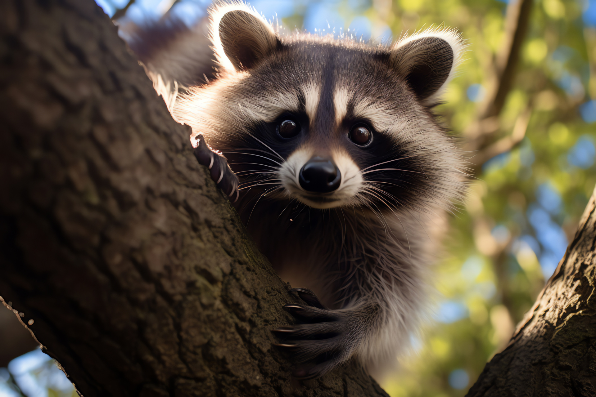 Graceful procyonid, purplish oculars, silvered hair, ebony strands, elongated fur texture, HD Desktop Wallpaper