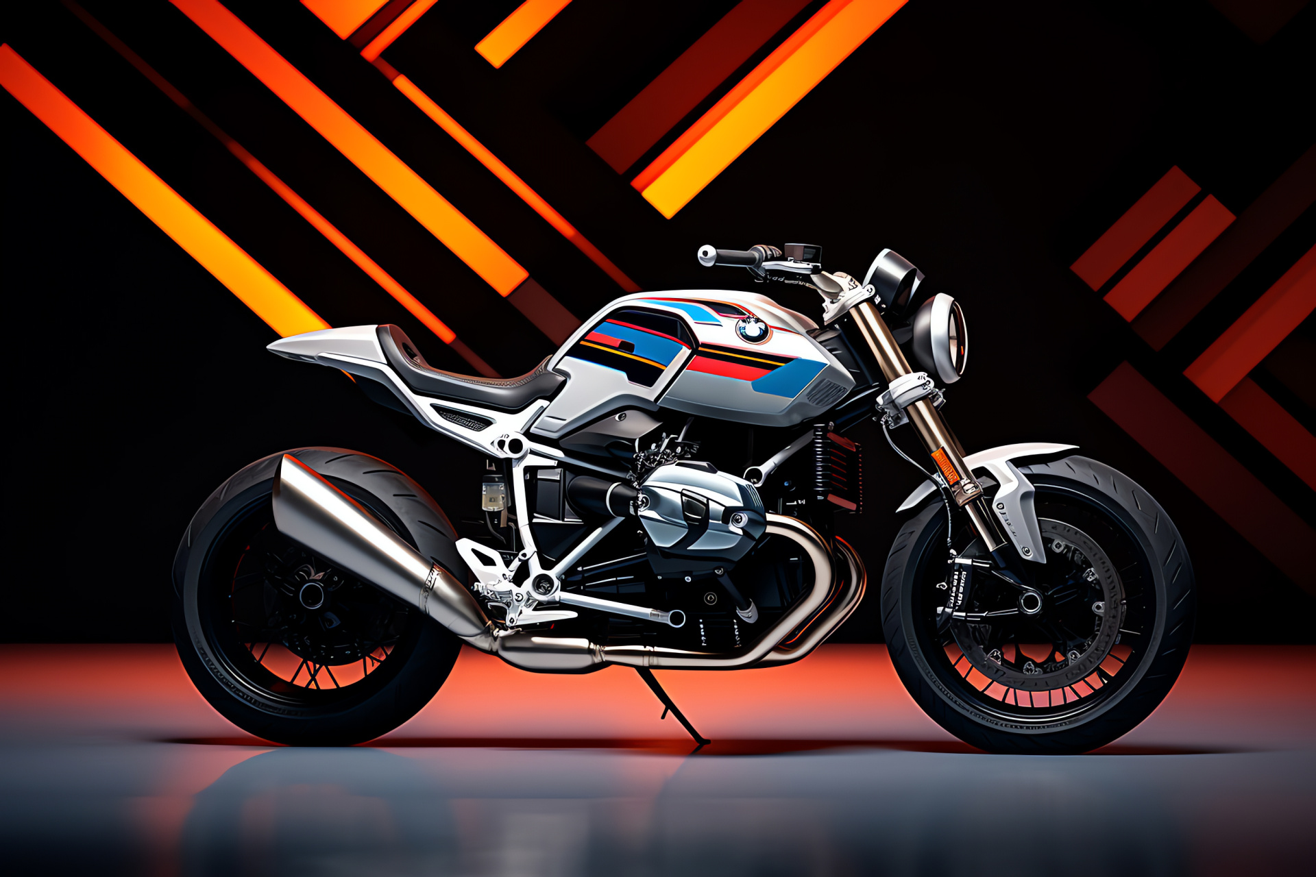 BMW R nineT, Urban roadster, Motorcycle design elements, Chopper aesthetics, Artistic backdrop integration, HD Desktop Image