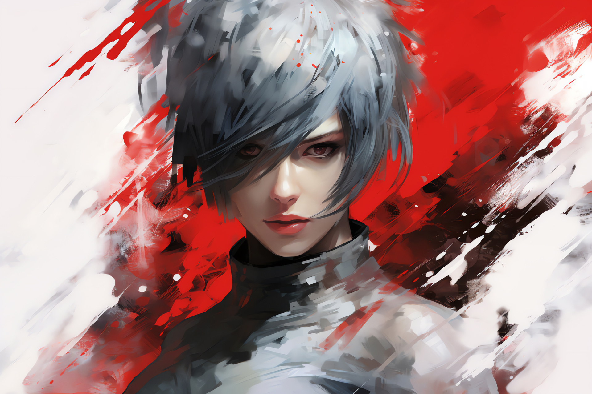 Nier Replicant character detail, dark-haired avatar, Eastern-inspired outfit, azure optics, anime-style design, HD Desktop Image