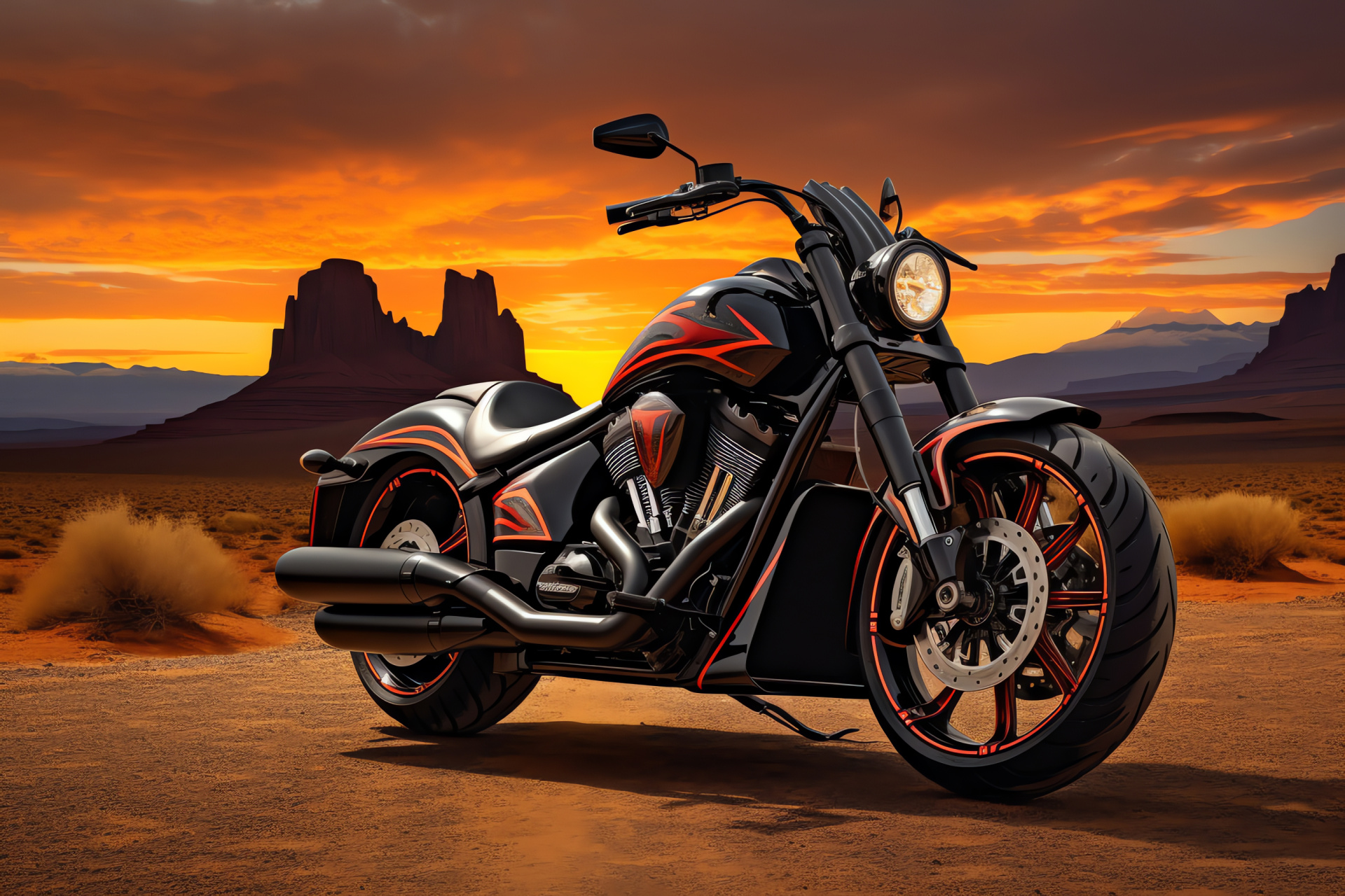 Victory Vegas motorcycle, Desert riding scene, Motorbike adventure, Aerial bike view, Sleek black finish, HD Desktop Image