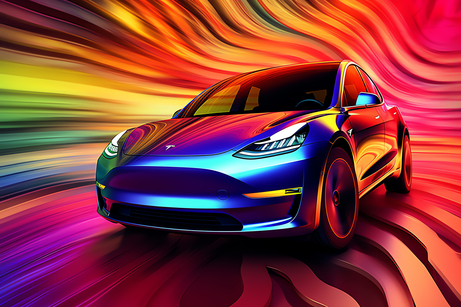 Tesla Model Y, Electric crossover, Bird's-eye perspective, Palette backdrop, Luminous display, HD Desktop Wallpaper