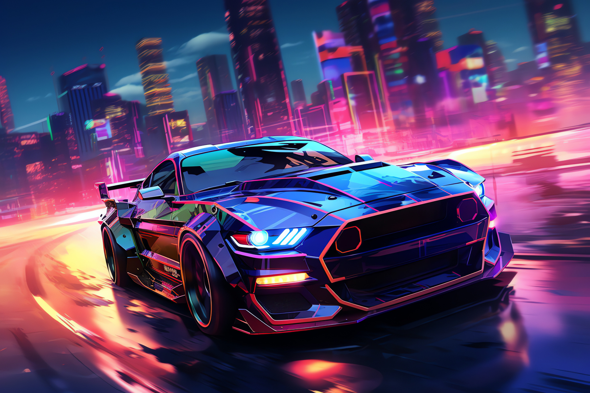 Mustang elevation, Expansive cyber city, Neon metropolis, Aerial city view, Tech-infused skyline, HD Desktop Image