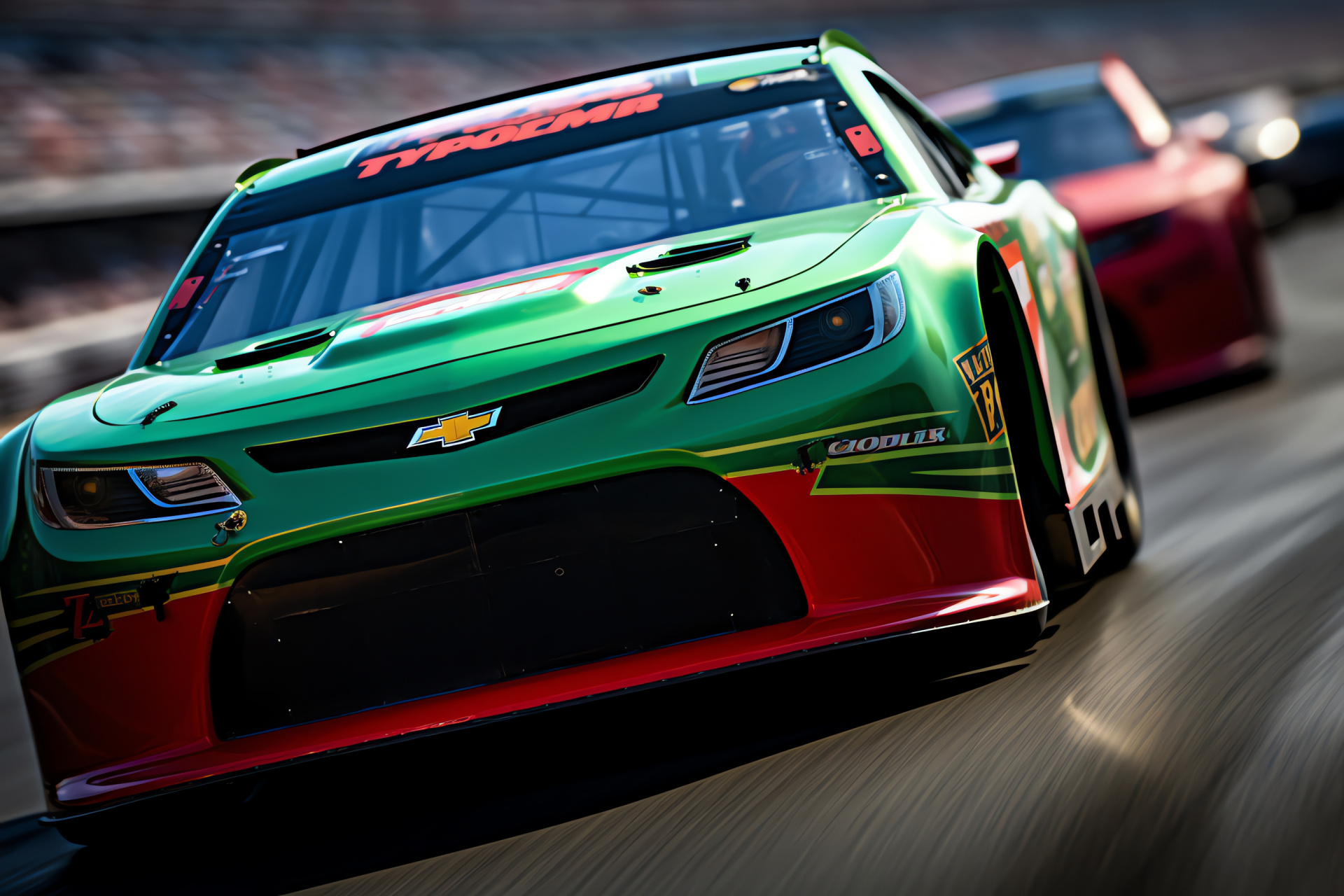 NASCAR driving, emerald racing car, detailed shot, red monochromatic, sports performance, HD Desktop Image