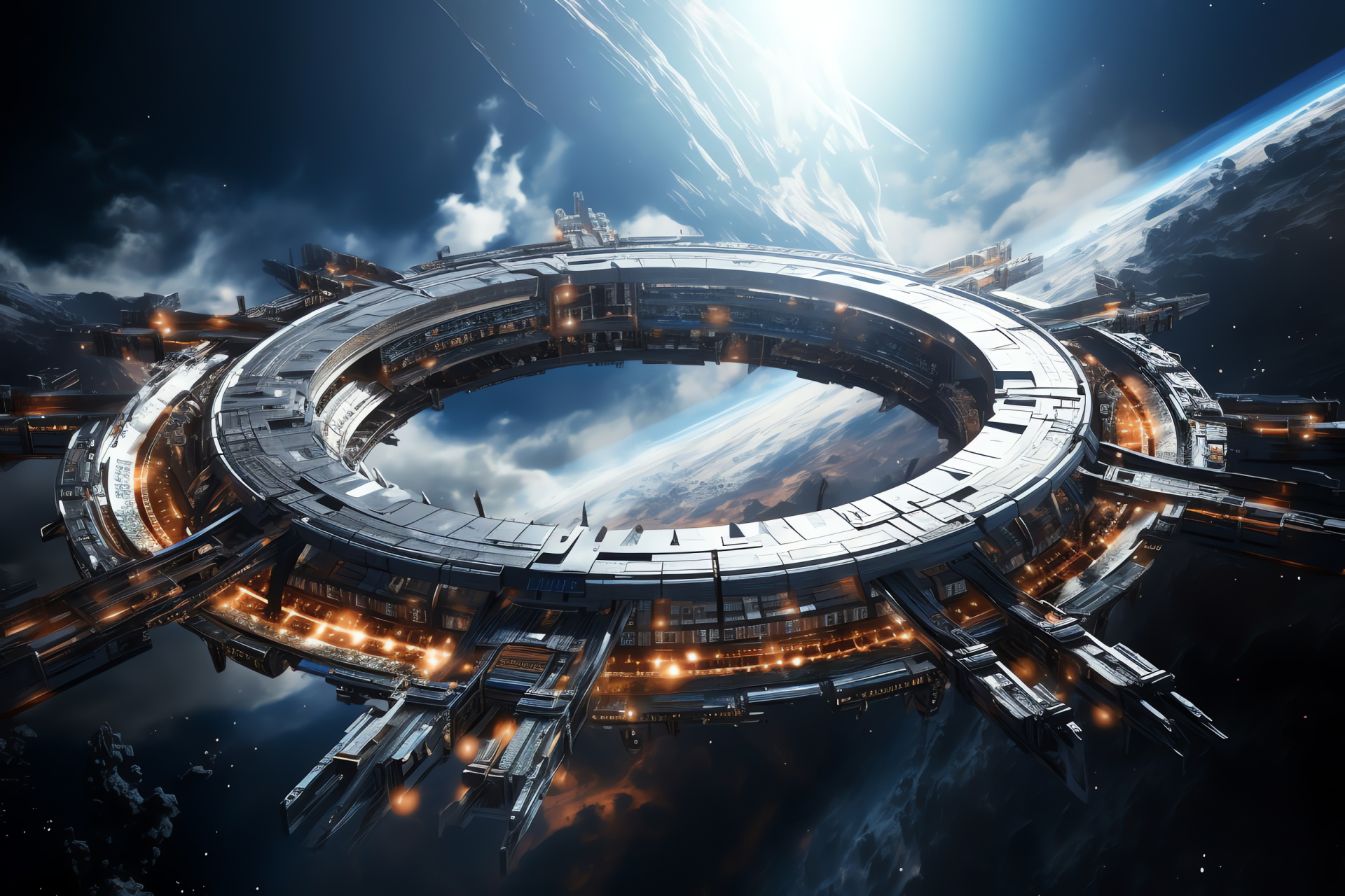 Interstellar ship, Enormous orbital facility, Propulsion engines, Cosmic whirlpool, Space vehicle body, HD Desktop Wallpaper