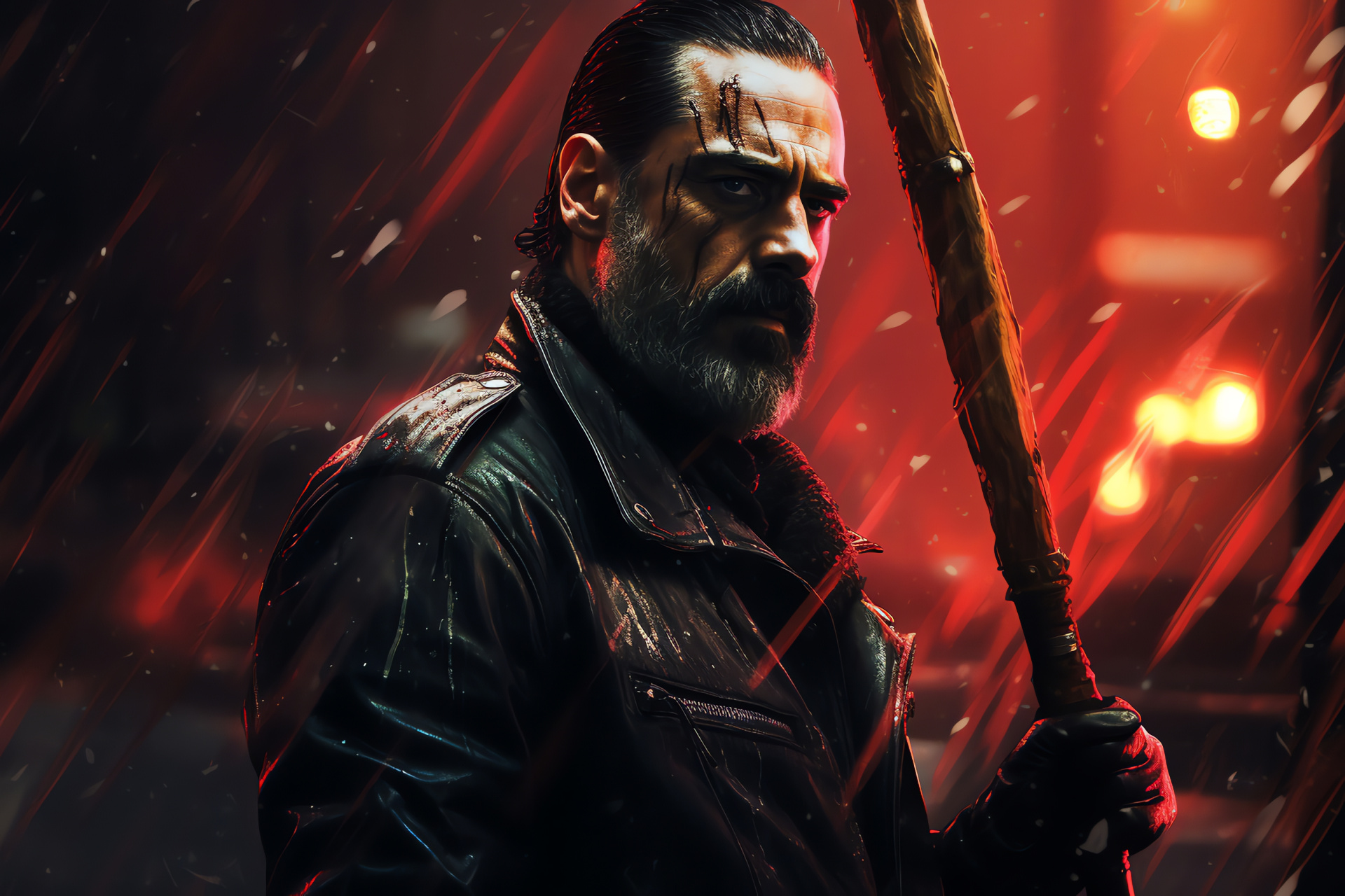 Negan full-length image, Iconic weapon Lucille, Post-apocalyptic leader, Tense atmosphere, Survival story, HD Desktop Image