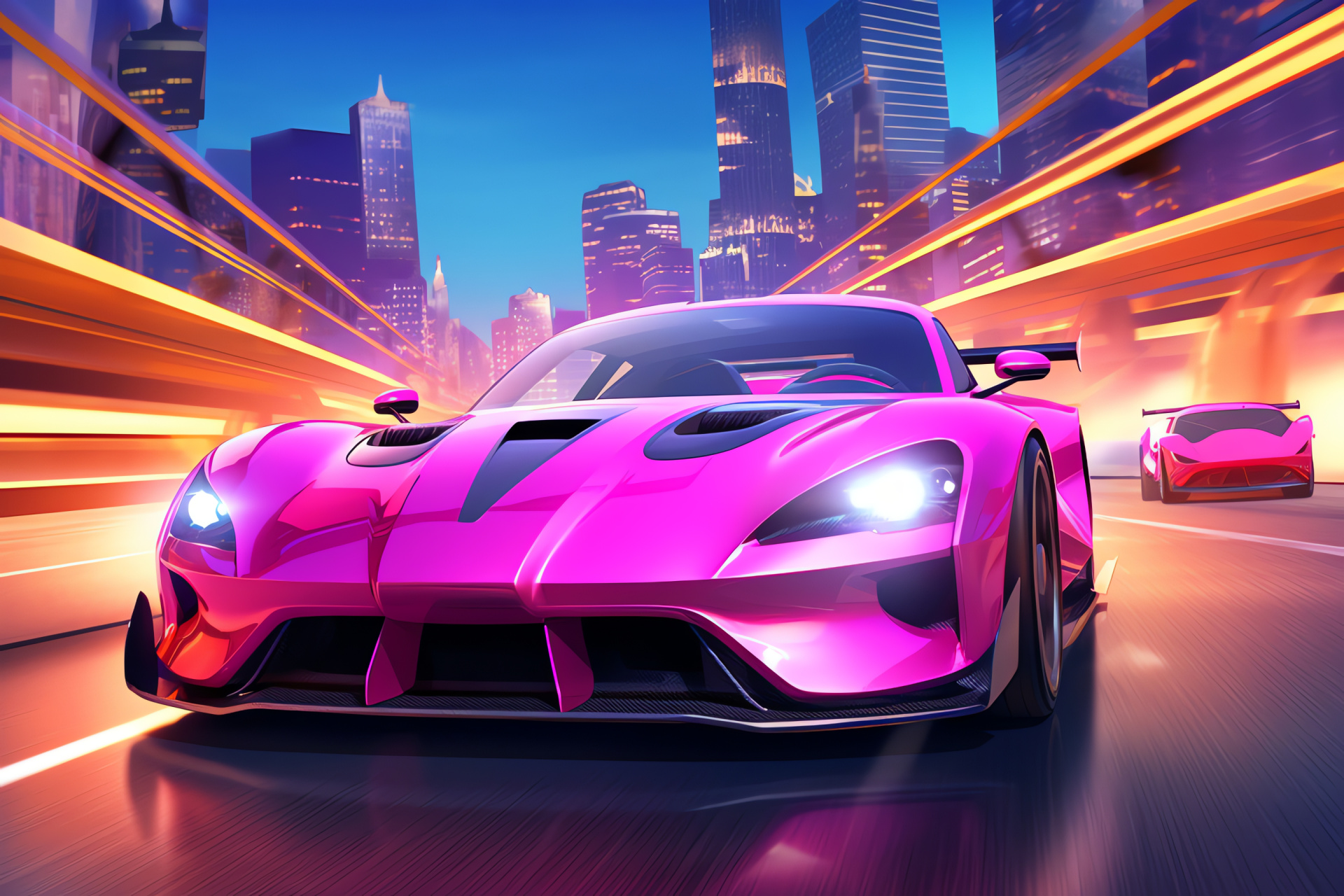 Pink sports car, detailed metallic finish, advanced highway network, metropolitan skyline, sleek reflections, HD Desktop Wallpaper