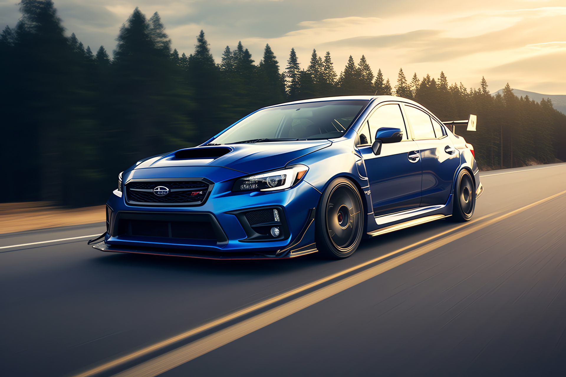 Subaru WRX edition, mountainous roadway setting, rally heritage design, blue livery, enhanced aerodynamics, HD Desktop Wallpaper