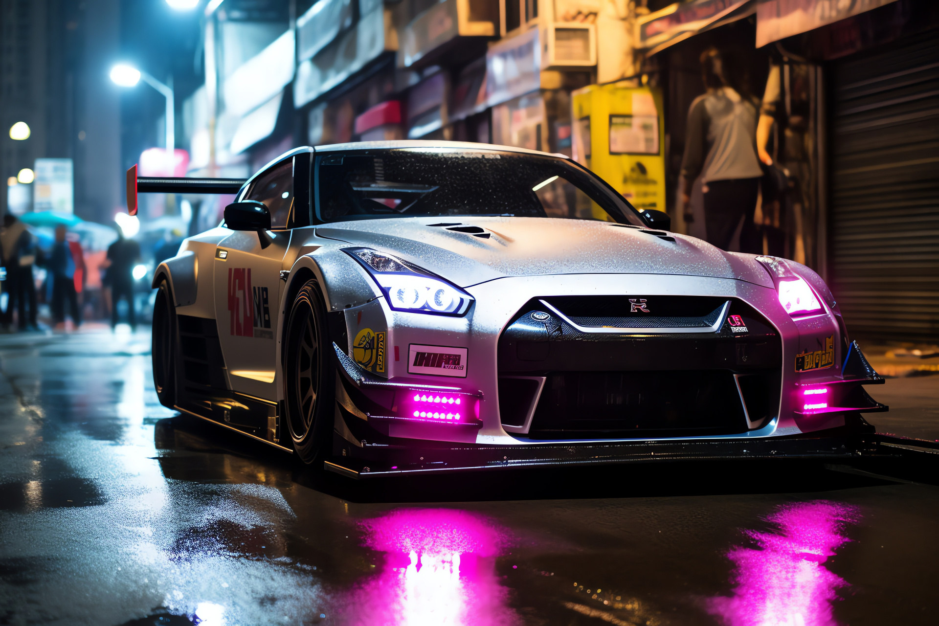 Nissan GTR Liberty Walk, Automotive artistry Hong Kong, Custom body kit creativity, Evening light reflections, Distinctive wrap design, HD Desktop Image