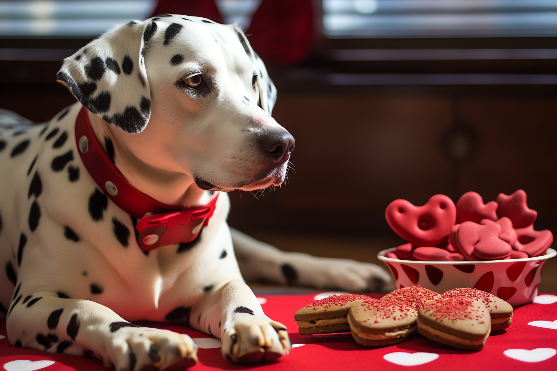 Dalmatian Valentine's pet, Adorable bowtie, Romantic floor covering, Sweet treats, Joyous celebration, HD Desktop Wallpaper