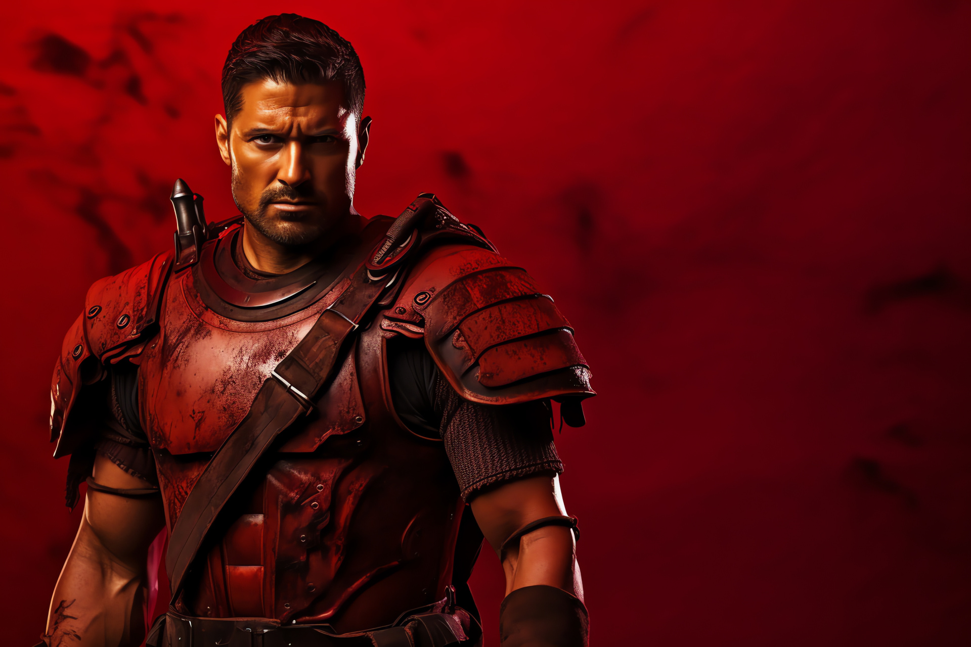 Spartacus show, Manu Bennett, Crixus, Red background, Gladiator costume, HD Desktop Wallpaper