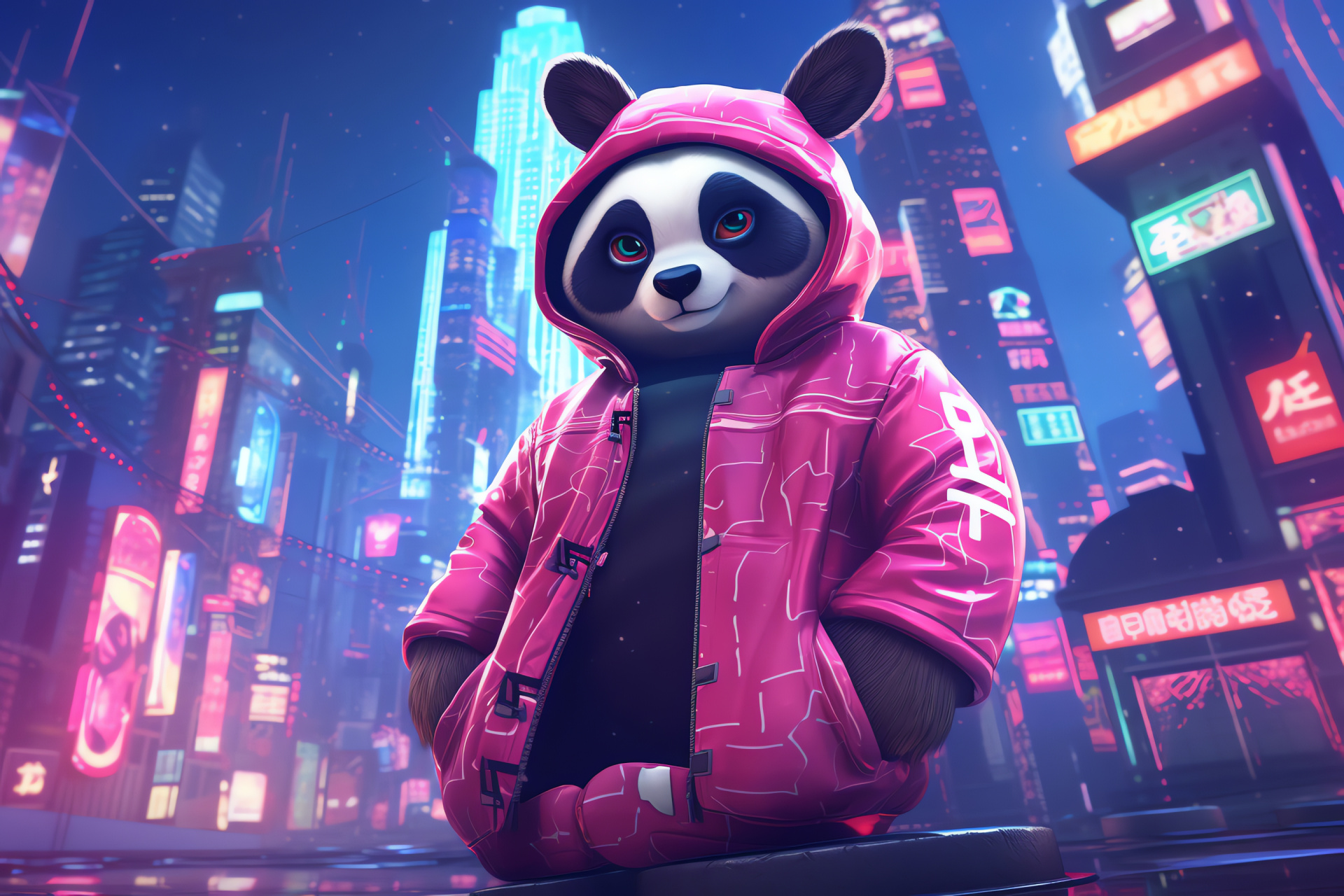 Pink Panda, Fuchsia fauna, Distinctive shapes, Animalistic robots, Metropolis neon, HD Desktop Wallpaper