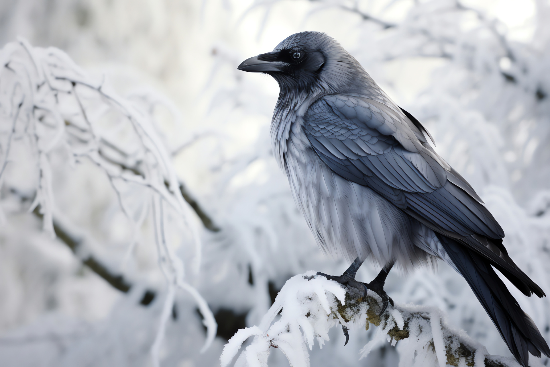 Corvus corax, piebald plumage, frosty cerulean irises, wintry environment, extended panorama, HD Desktop Wallpaper