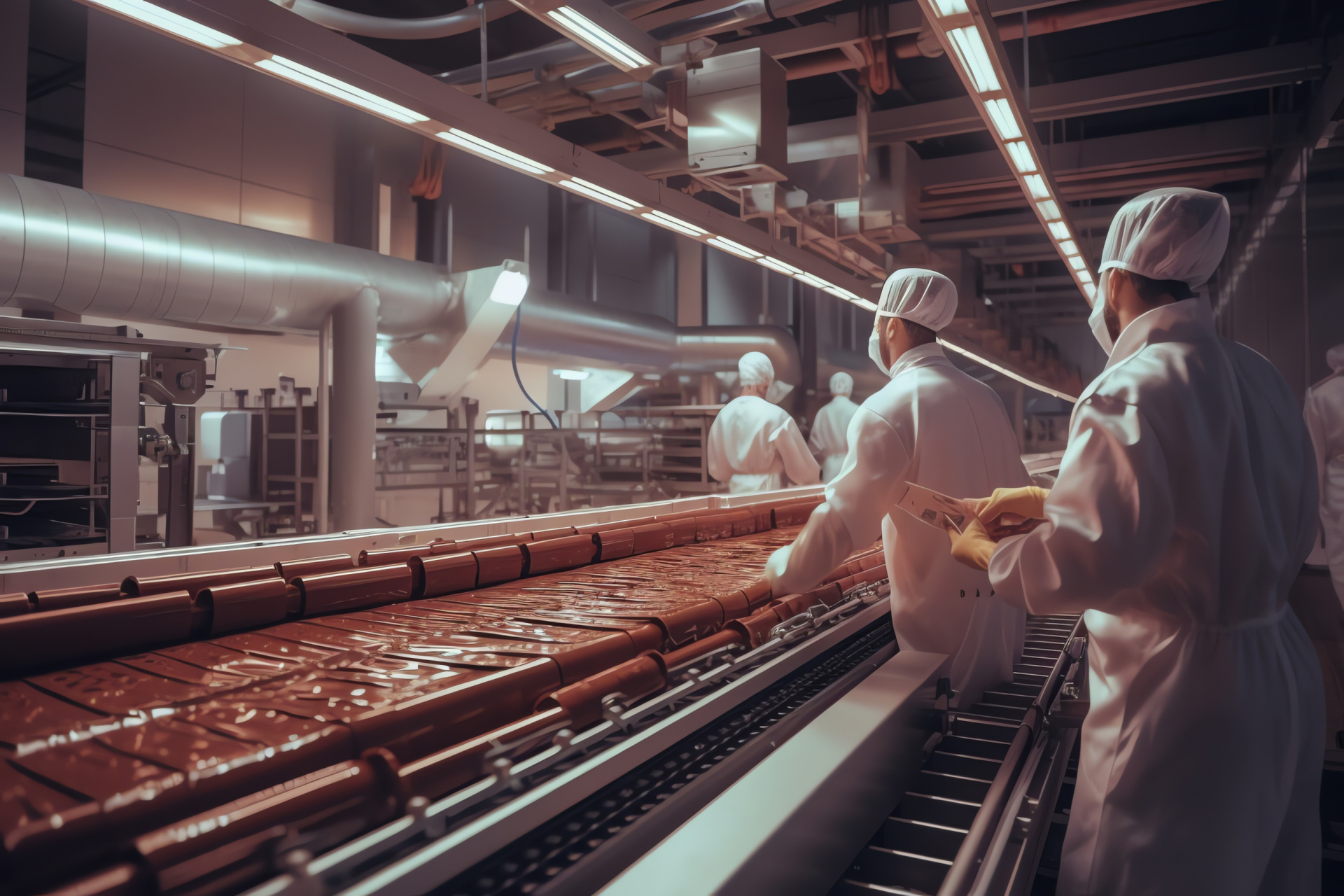 Chocolate production, sweet treats, manufacturing process, indulgent snacks, factory uniform, HD Desktop Wallpaper
