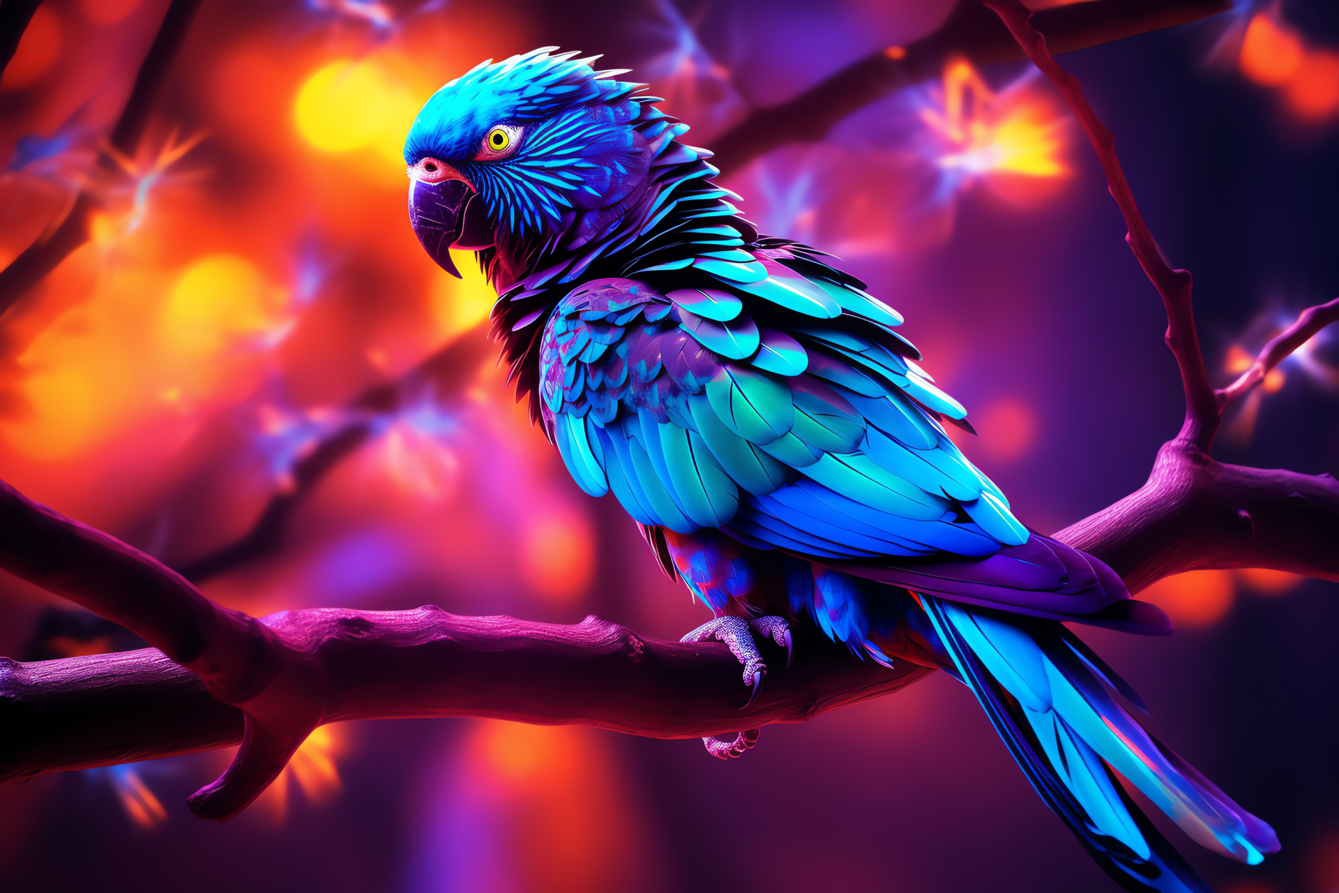 Exotic parrot, vibrant plumage, tree branches, backlighting effects, majestic birds, HD Desktop Image